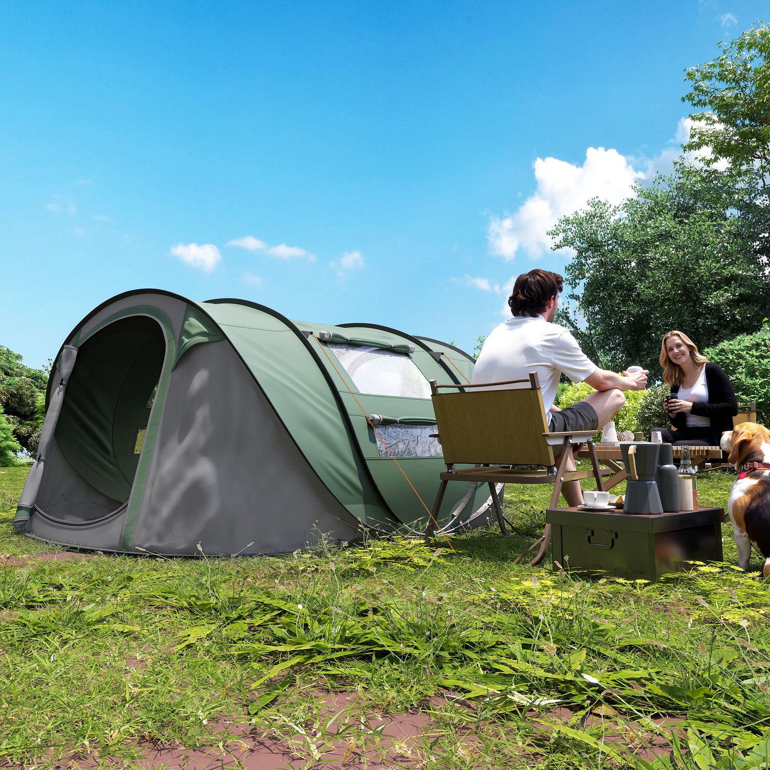 Tenda da campeggio pop up 2 posti con 2 porte, 4 finestre e telo impermeabile, 263.5x220x123 cm, verde scuro - 