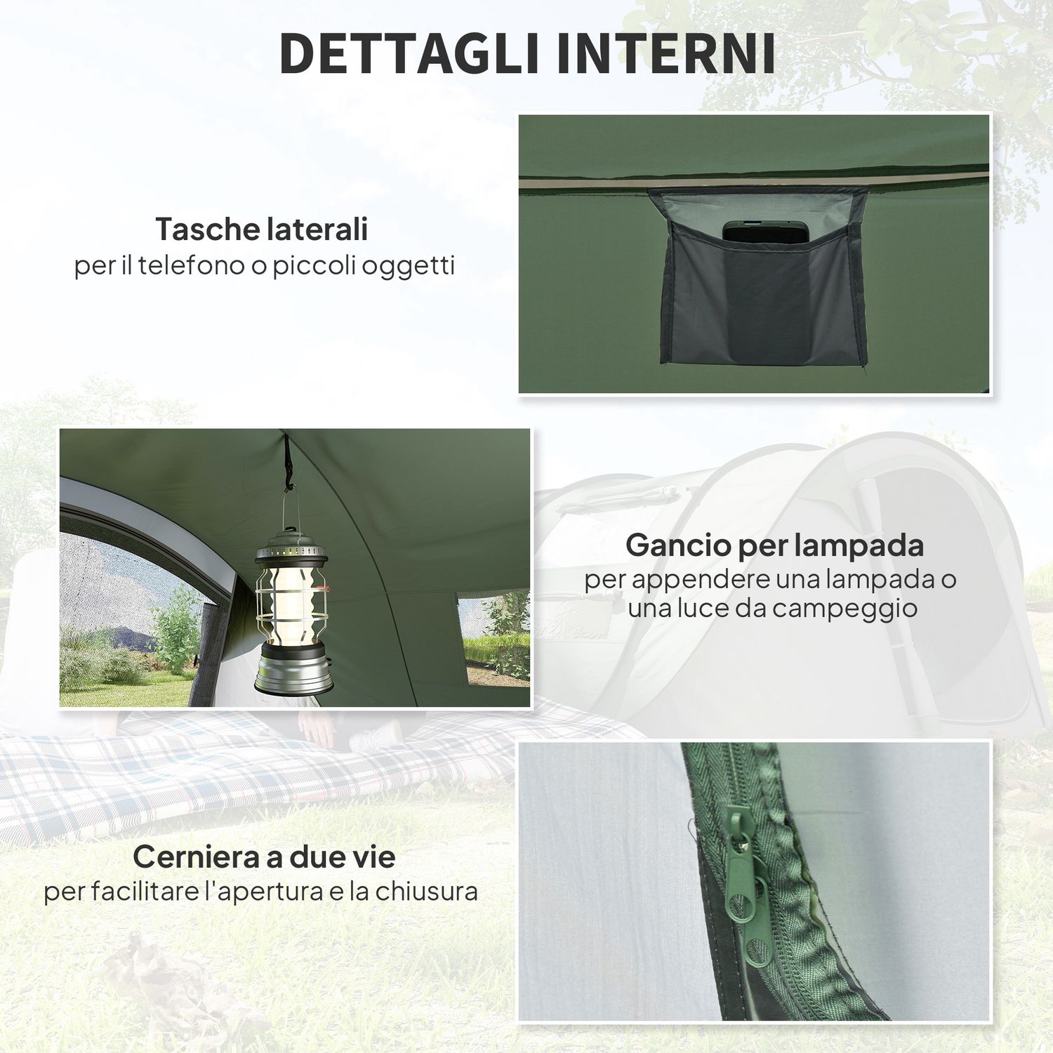 Tenda da campeggio pop up 2 posti con 2 porte, 4 finestre e telo impermeabile, 263.5x220x123 cm, verde scuro - 