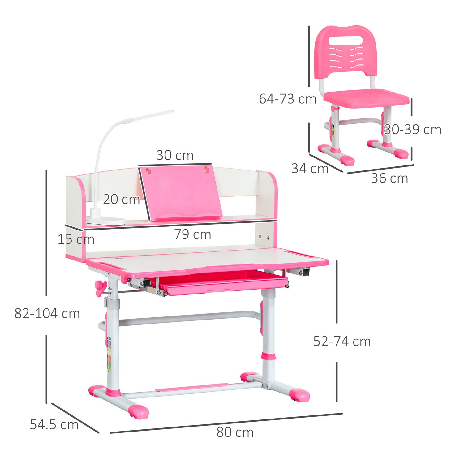 Banco scuola per bambini 6-12 anni regolabile con luce led, leggio e portapenne, in mdf, pp e acciaio, rosa - 