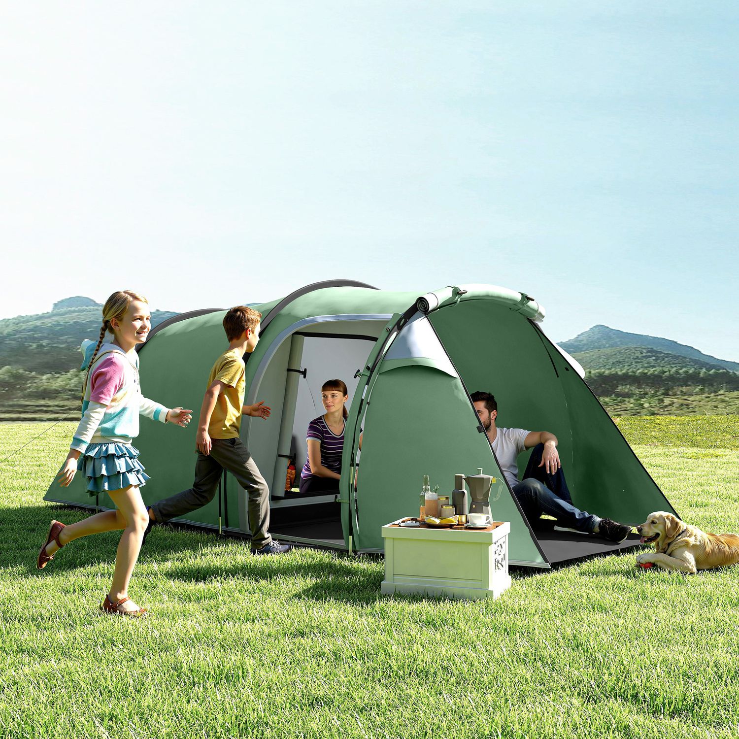 Tenda da campeggio 2-4 posti con telo impermeabile e porte con cerniera, 426x206x15 cm, verde scuro - 