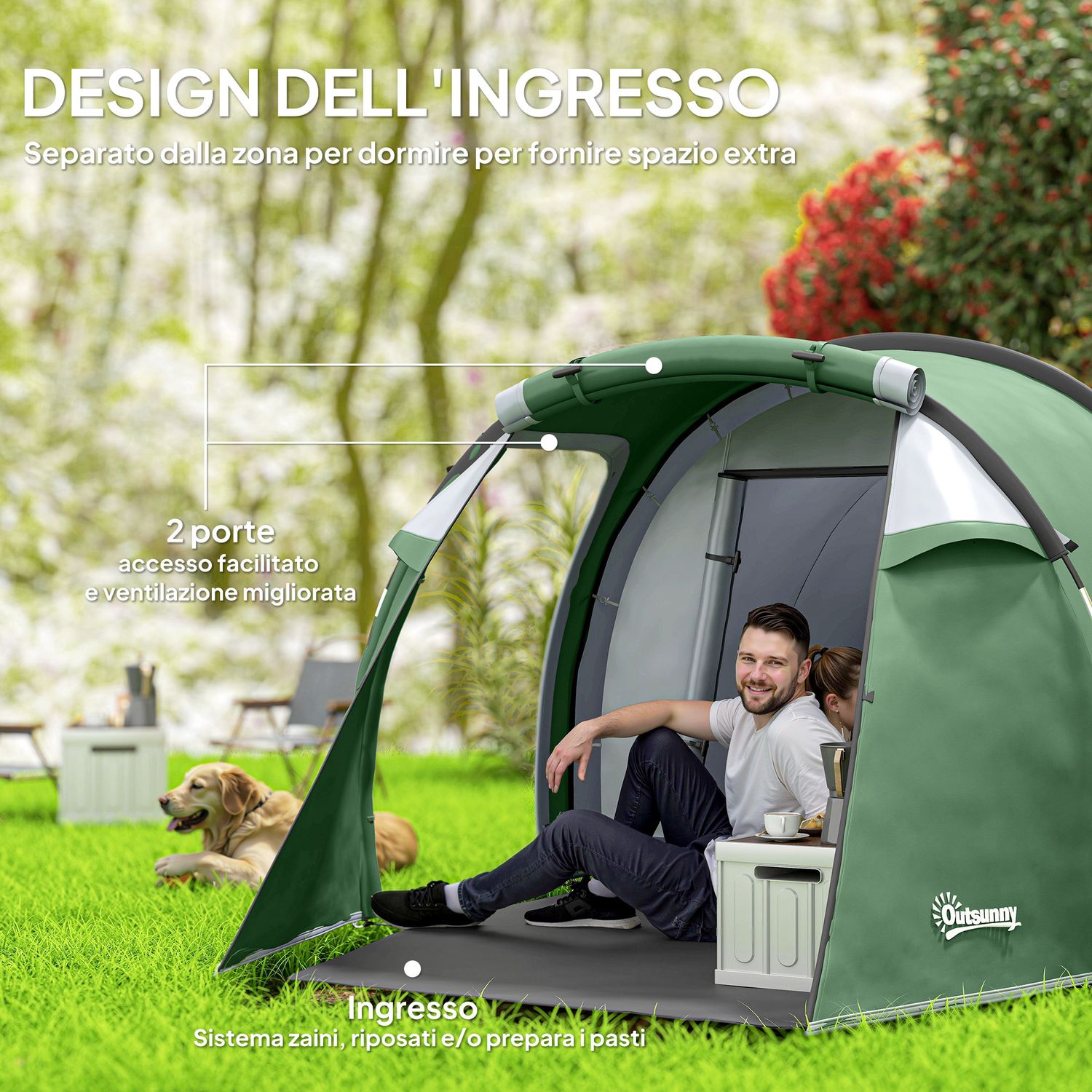 Tenda da campeggio 2-4 posti con telo impermeabile e porte con cerniera, 426x206x15 cm, verde scuro - 