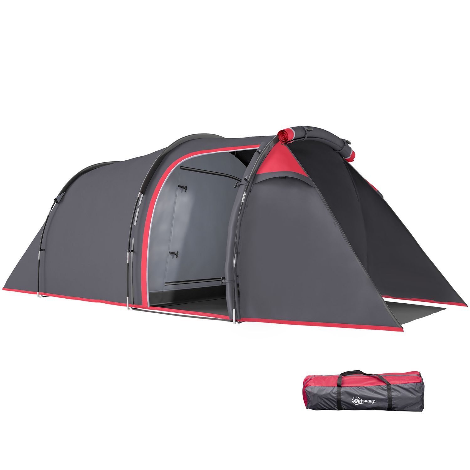 Tenda da campeggio 2-4 posti con vestibolo e porte con cerniera, 426x206x154cm grigio - 