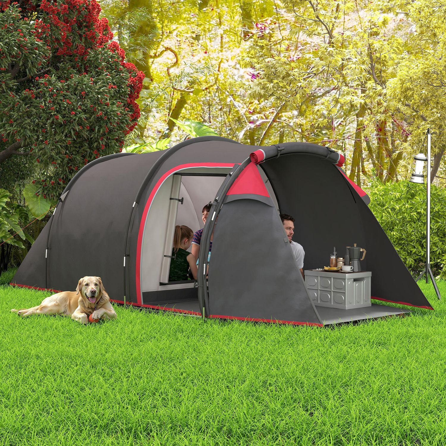 Tenda da campeggio 2-4 posti con vestibolo e porte con cerniera, 426x206x154cm grigio - 