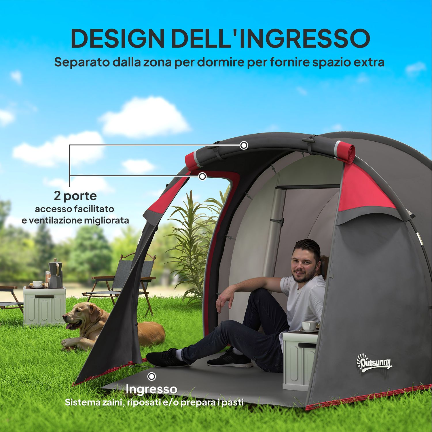 Tenda da campeggio 2-4 posti con vestibolo e porte con cerniera, 426x206x154cm grigio - 