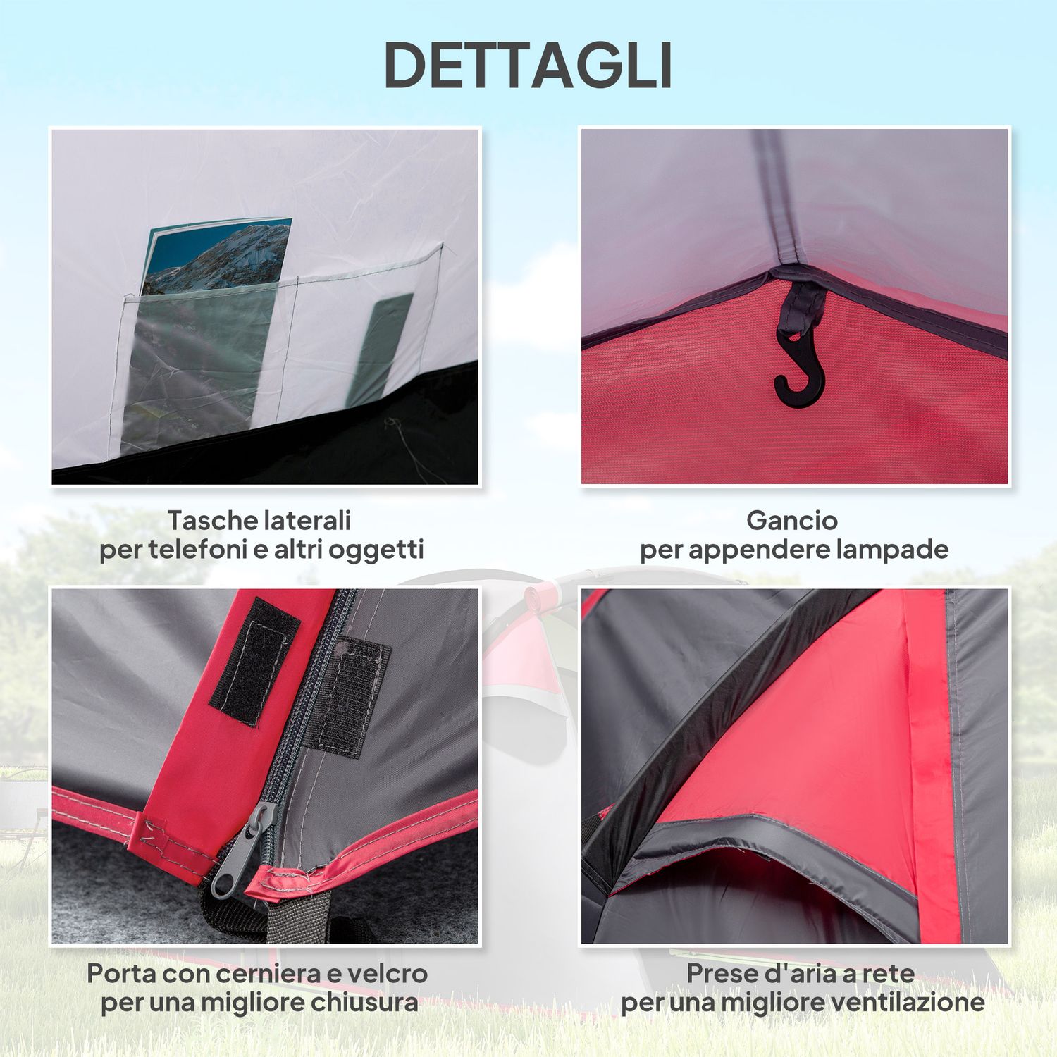 Tenda da campeggio 2-4 posti con vestibolo e porte con cerniera, 426x206x154cm grigio - 