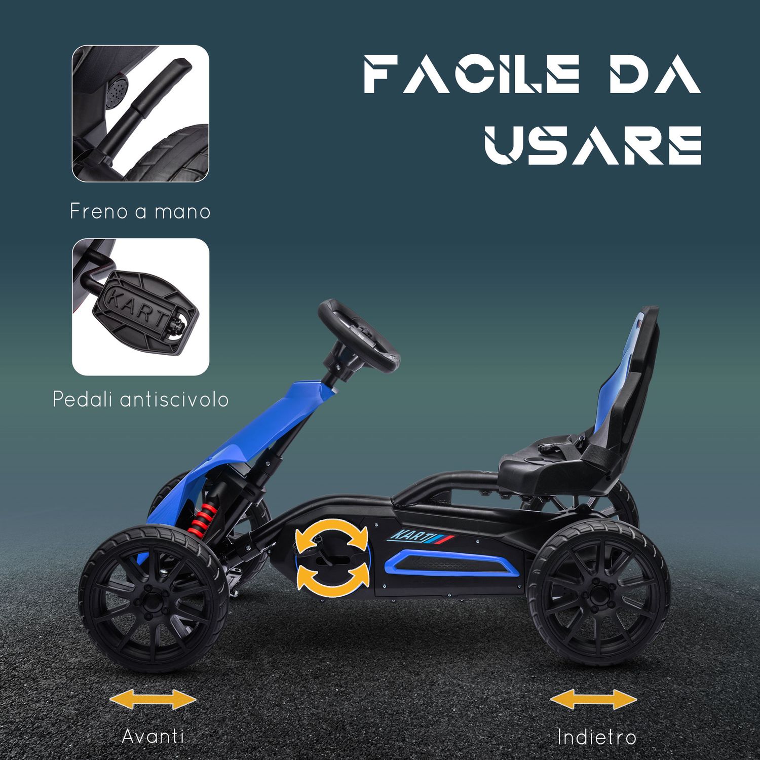Go kart a pedali per bambini 3-8 anni con sedile regolabile e ruote in eva, 100x58x58.5 cm, blu - 