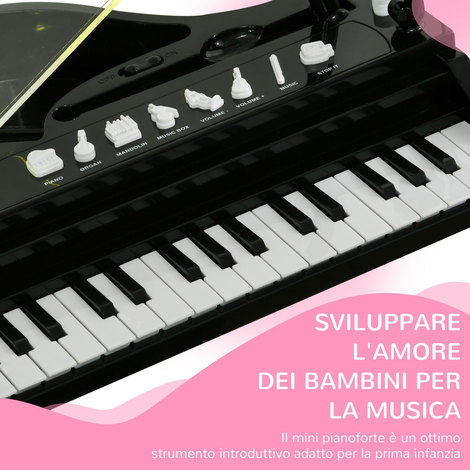 Pianoforte per bambini a 32 tasti con sgabello, microfono, musiche, luci e gambe rimovibili, nero - 