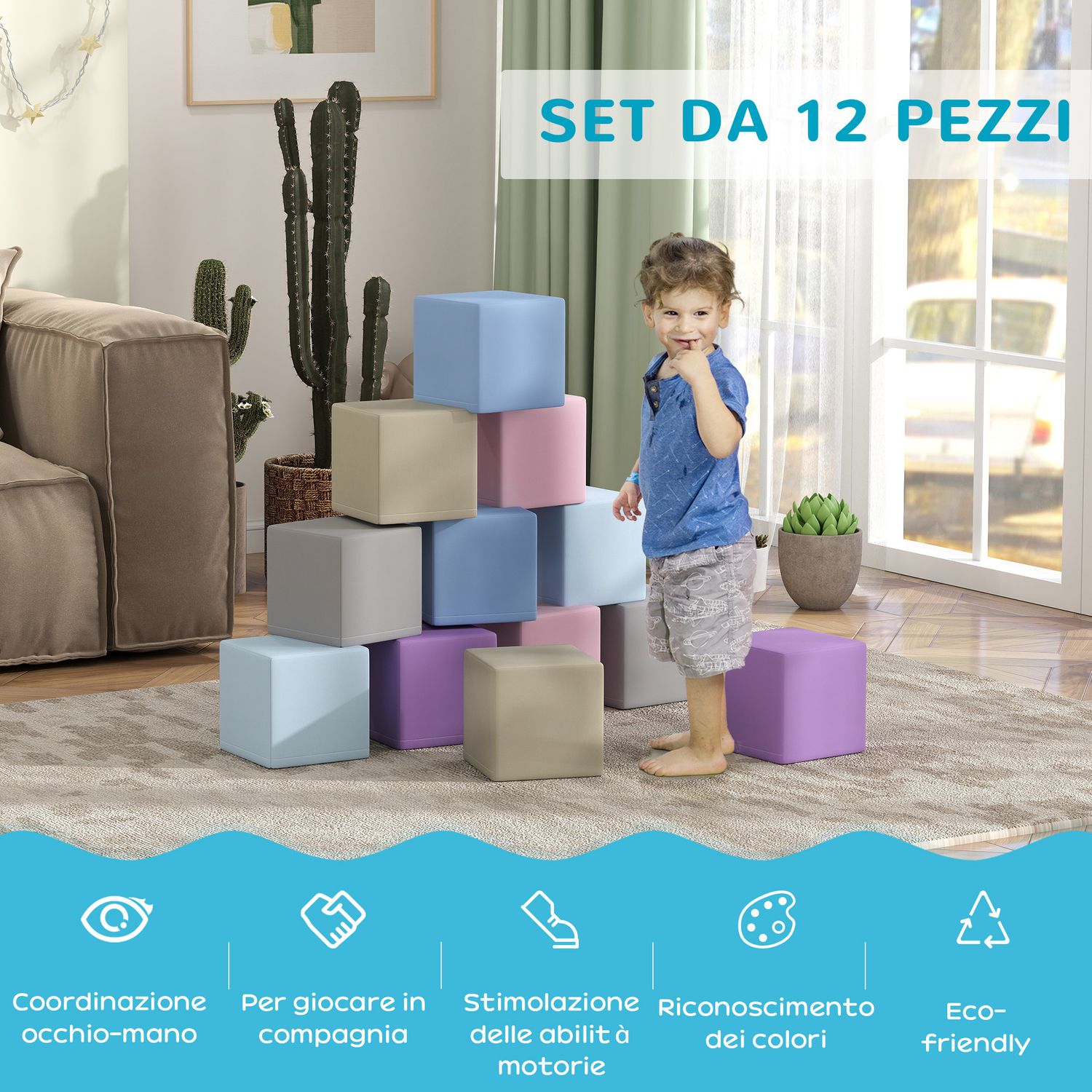 Set 12 cubi giocattolo morbidi per bambini 12-36 mesi in pu ed epe, 20x20x20 cm, multicolore - 