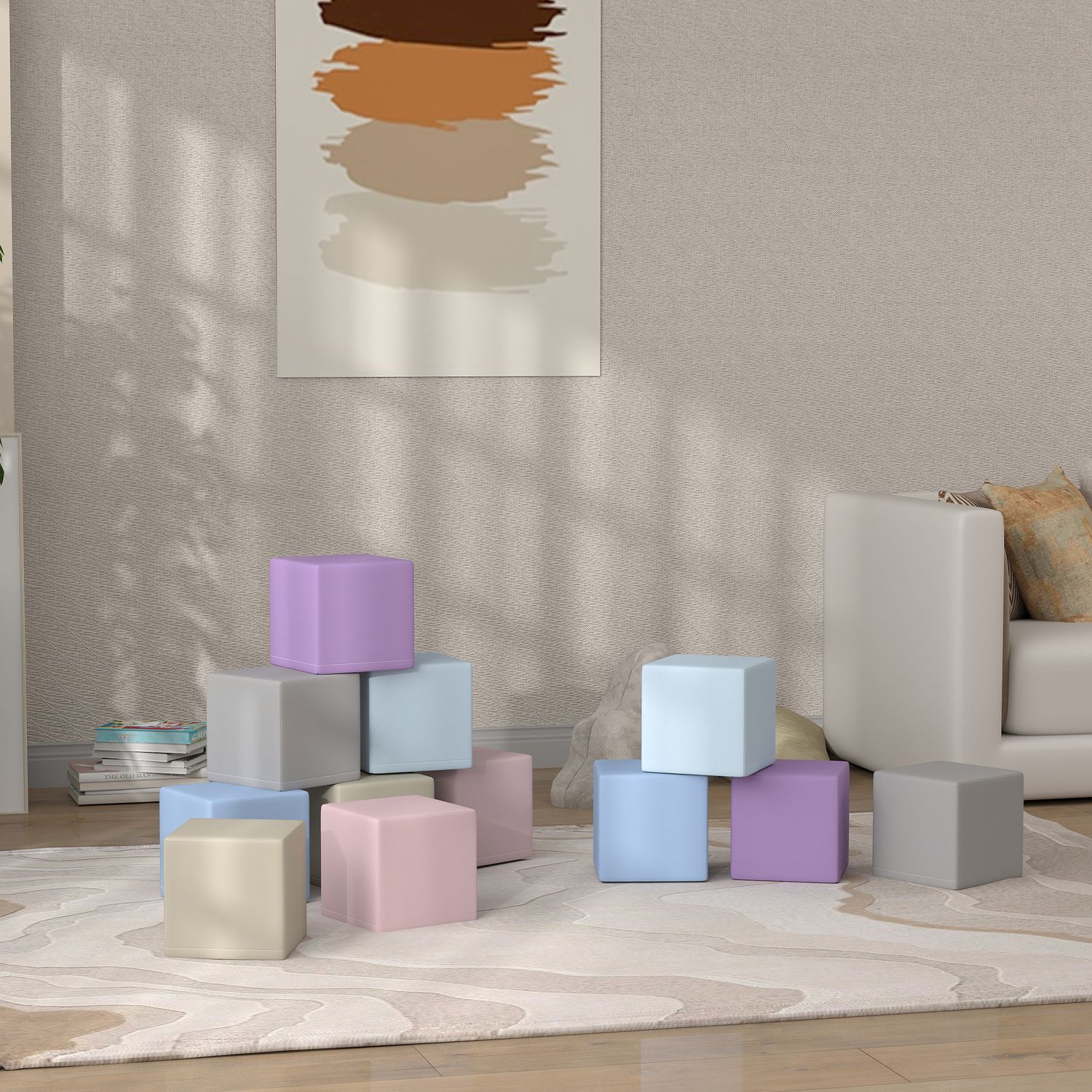 Set 12 cubi giocattolo morbidi per bambini 12-36 mesi in pu ed epe, 20x20x20 cm, multicolore - 