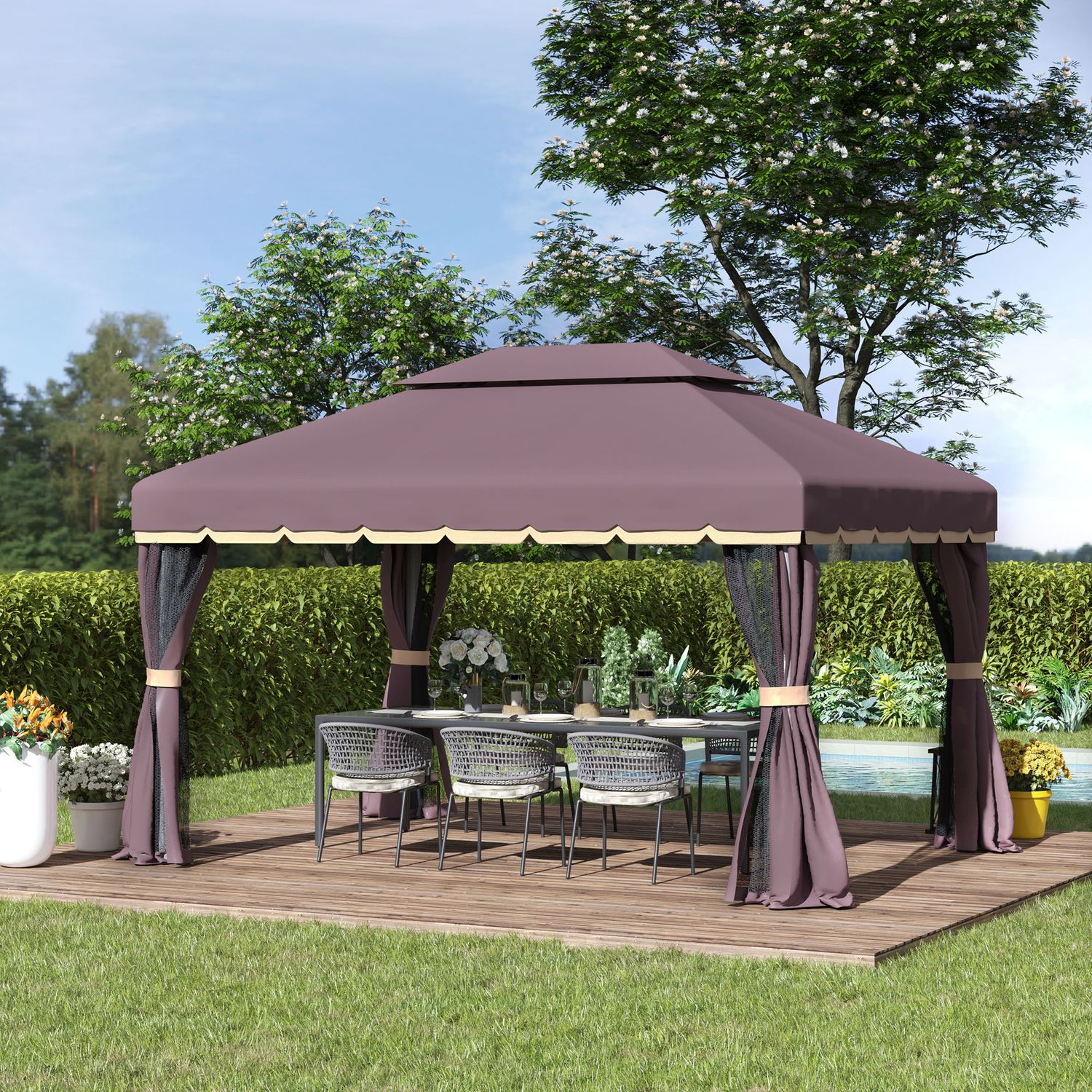 Gazebo da giardino 3x4m con doppio tetto, zanzariera e tende, alluminio e poliestere, color caffè - 