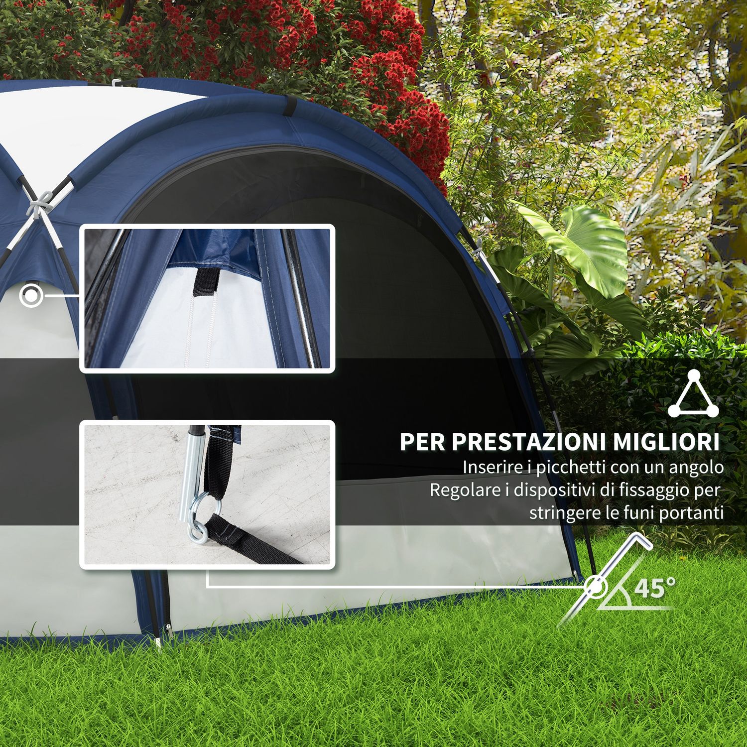 Tenda da campeggio 4-5 posti con 4 porte a cerniera, zanzariera e gancio, 350x350x230cm, bianca e blu - 