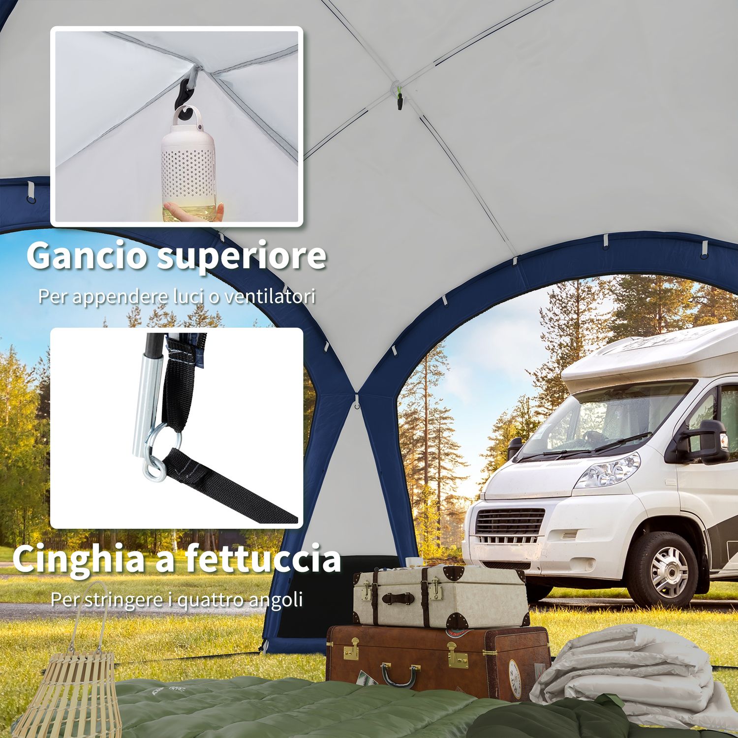 Tenda da campeggio 4-5 posti con 4 porte a cerniera, zanzariera e gancio, 350x350x230cm, bianca e blu - 