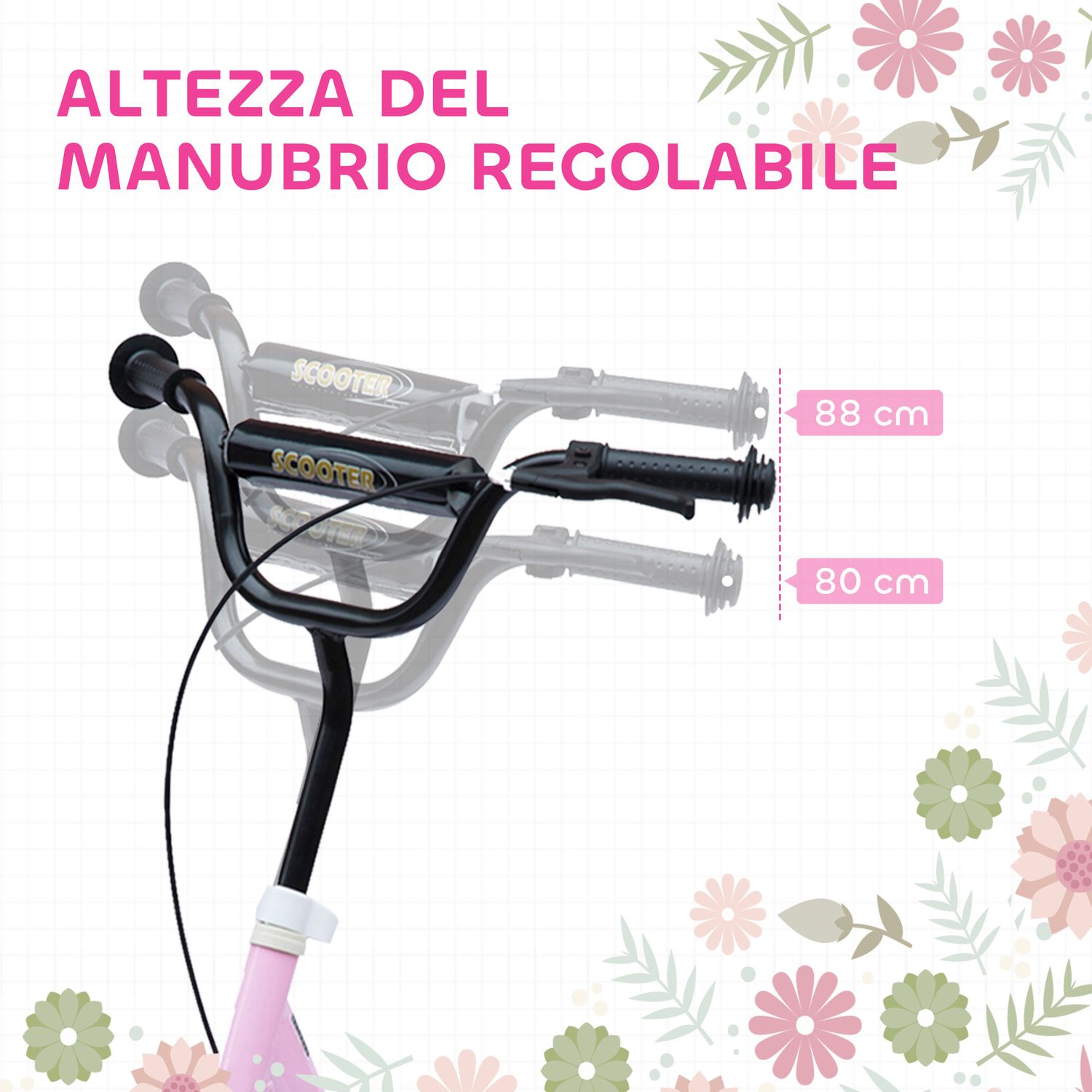 Monopattino per bambini 5-12 anni con freno posteriore e manubrio regolabile, 120x52x80-88 cm, rosa - 