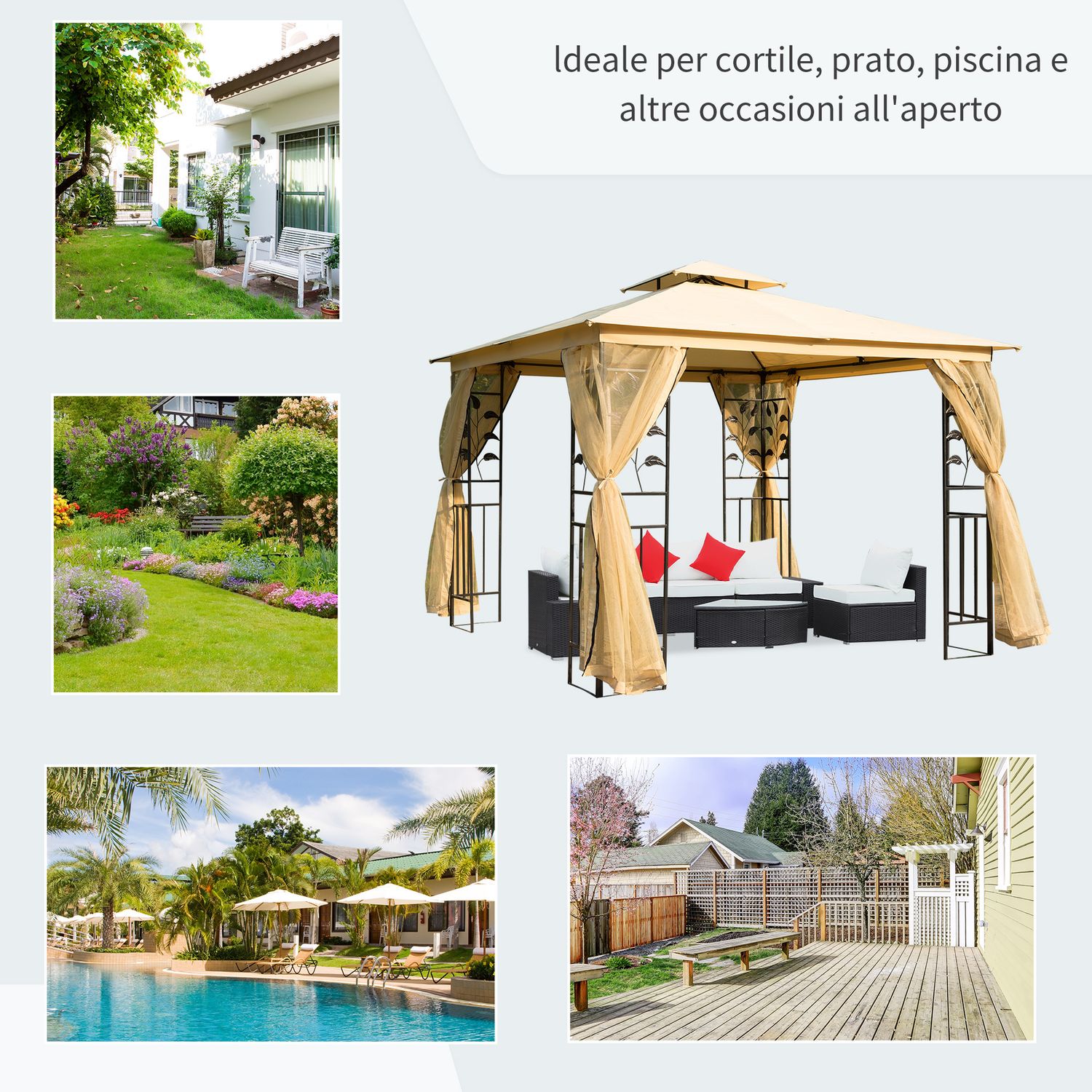 Gazebo da giardino 3x3m con zanzariera, telaio in acciaio e doppio tettuccio, beige - 