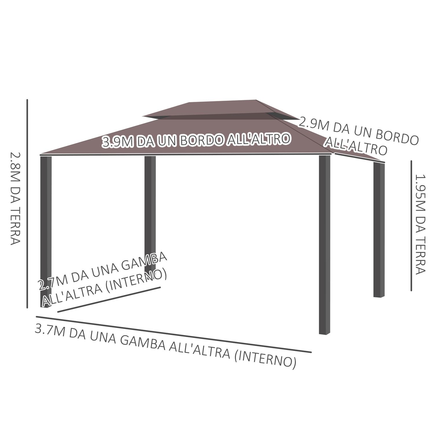Gazebo da giardino 3x4m con doppio tetto, zanzariera e tende, alluminio e poliestere, color caffè - 