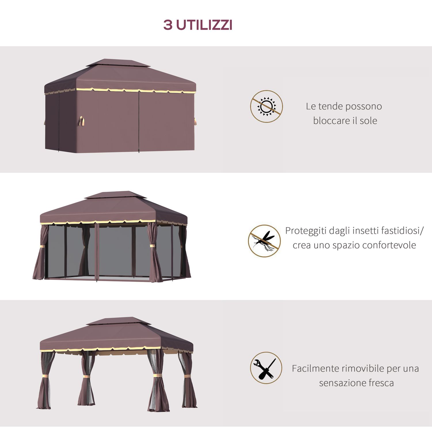 Gazebo da giardino 3x4m con doppio tetto, zanzariera e tende, alluminio e poliestere, color caffè - 