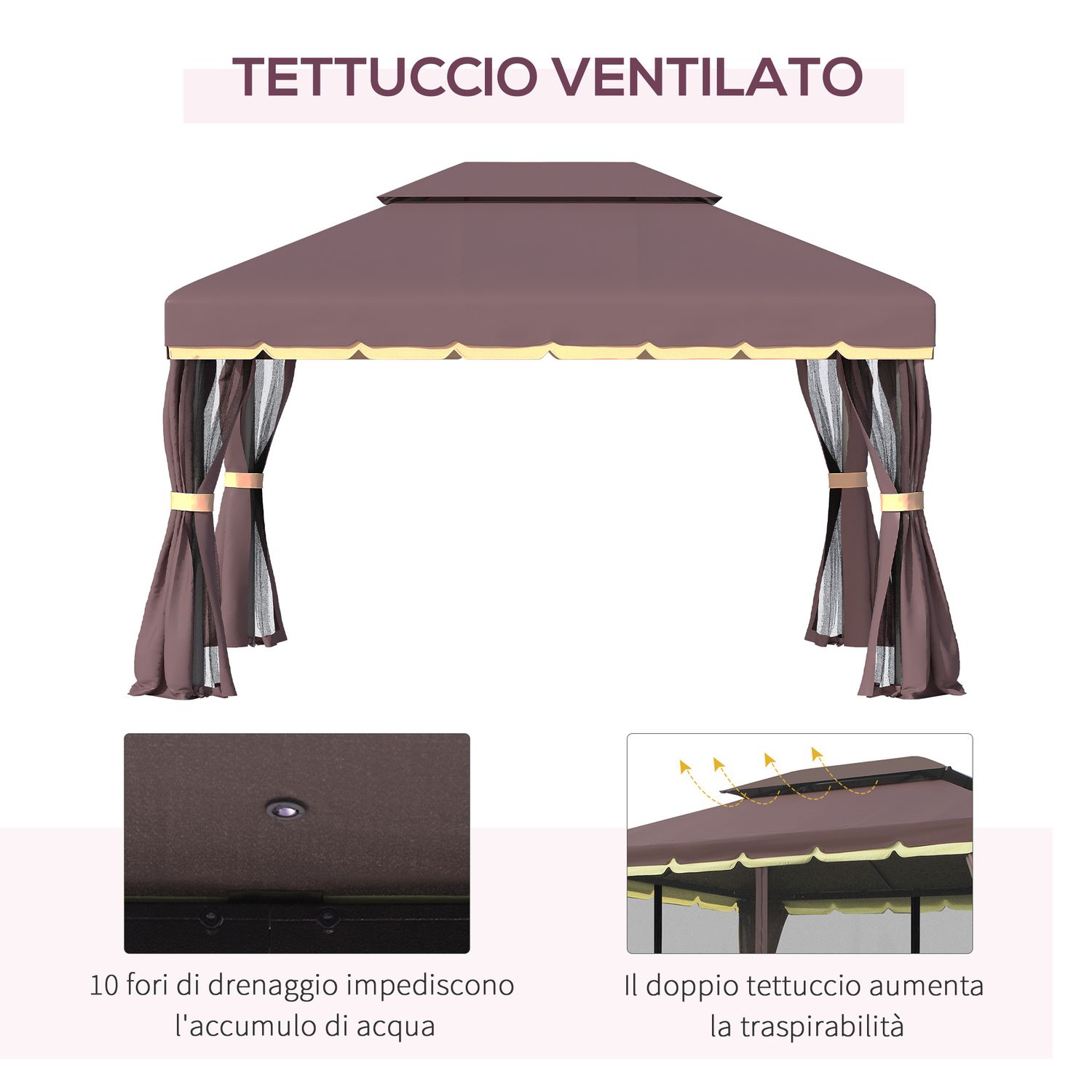 Gazebo da giardino 3x4m con doppio tetto, zanzariera e tende, alluminio e poliestere, color caffè - 