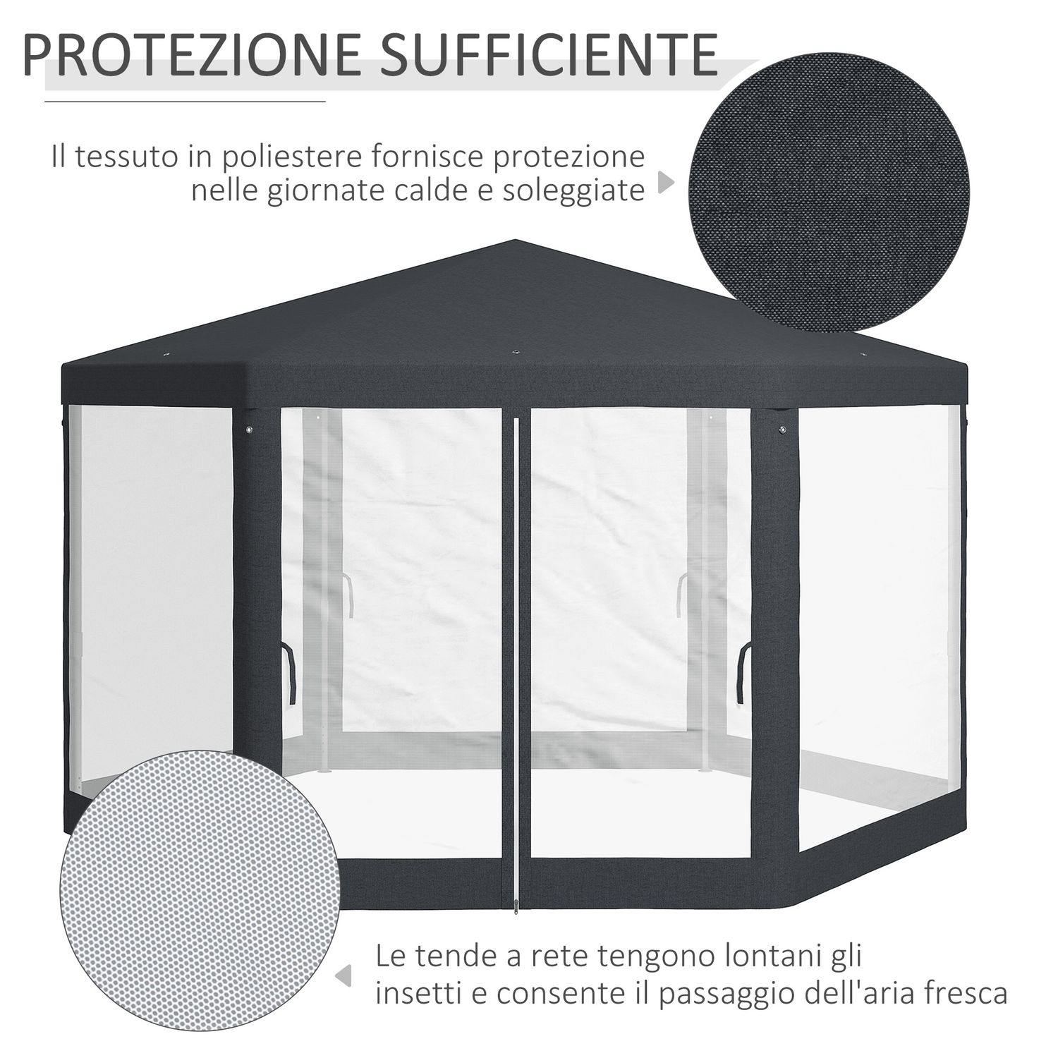 Gazebo da giardino esagonale con doppio ingresso, in metallo e poliestere, 3.94x3.94x2.5 m, grigio - 