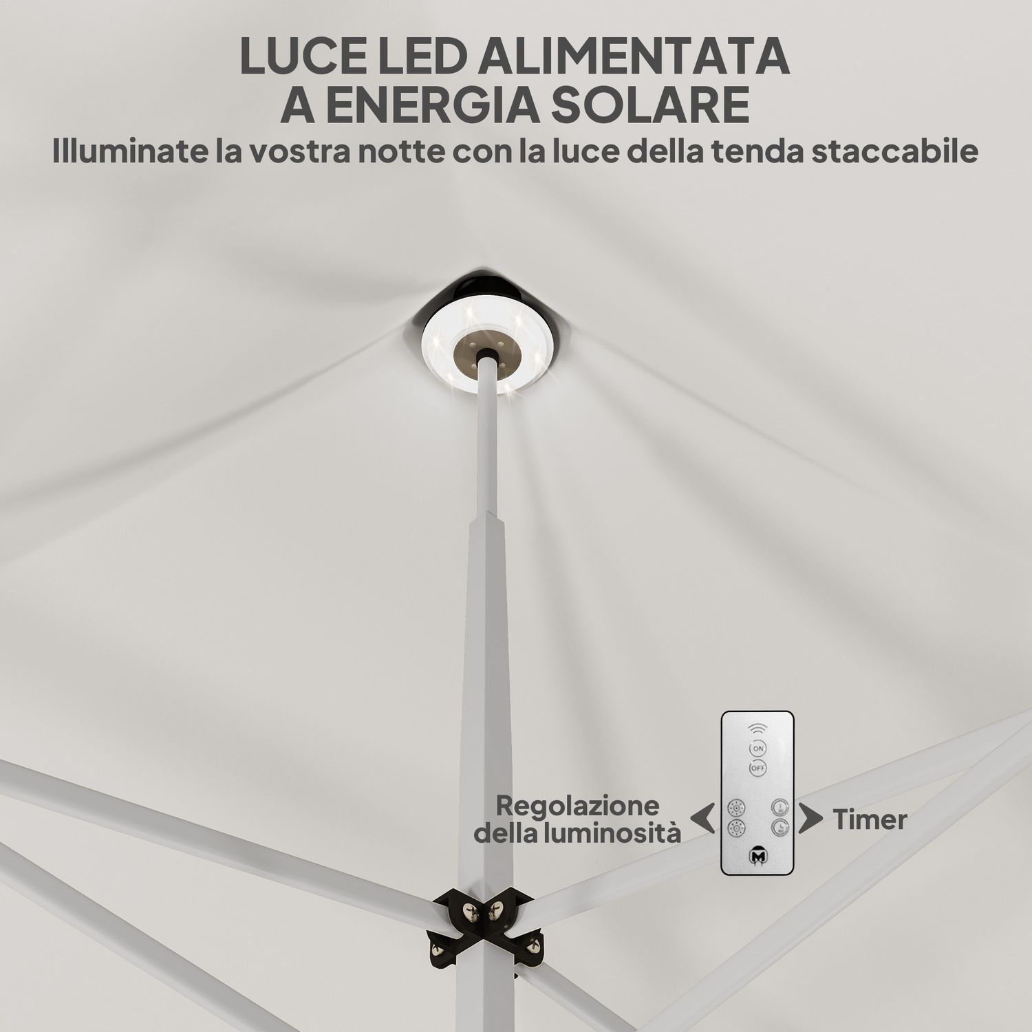 Gazebo da giardino pop up 3x3 m ad altezza regolabile con luci led solari, in tessuto oxford e metallo, bianco - 
