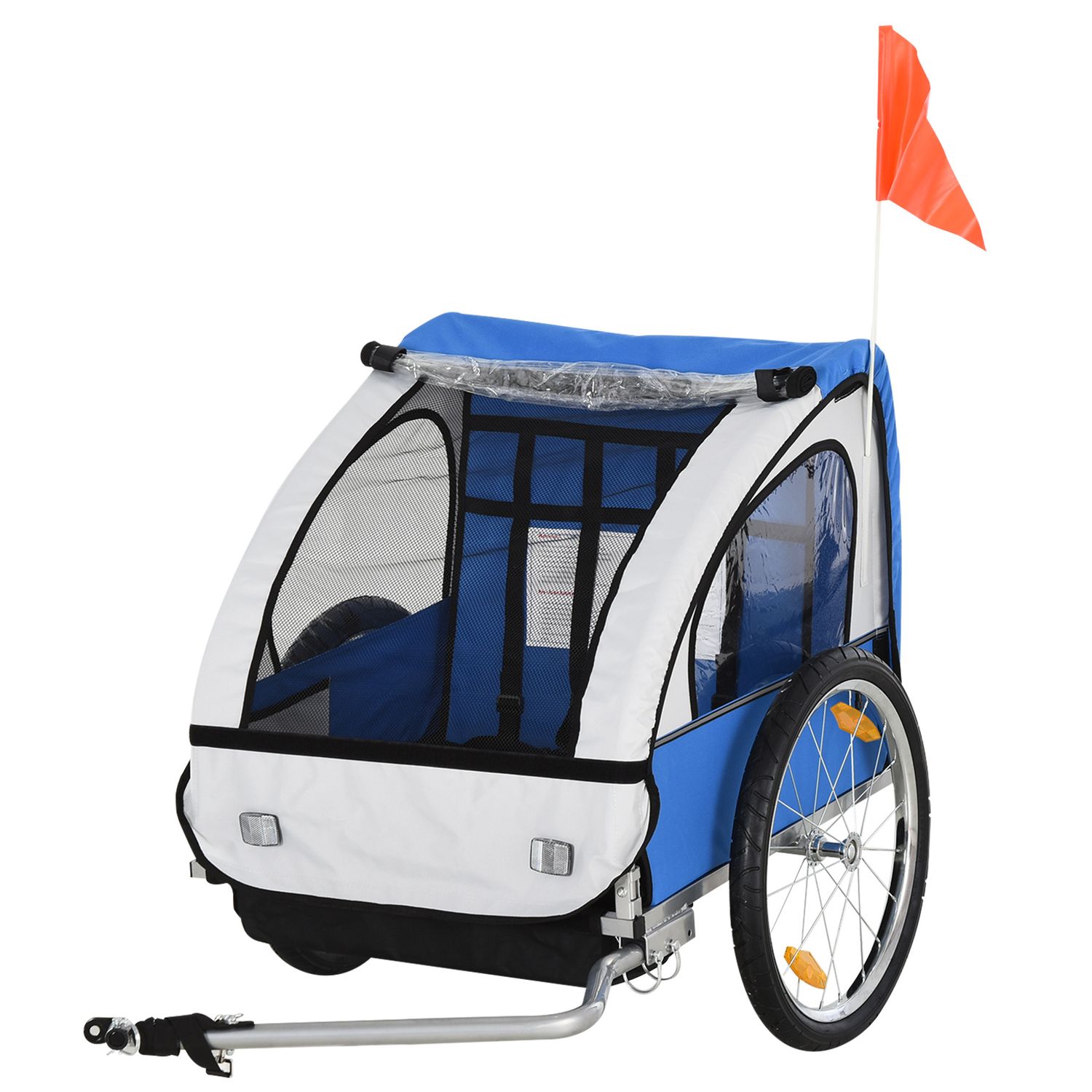 Rimorchio bici bambini con 2 posti, 2 cinture di sicurezza, telaio in acciaio e copertura in tessuto oxford blu - 