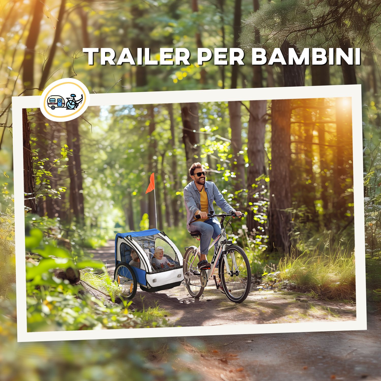 Rimorchio bici bambini con 2 posti, 2 cinture di sicurezza, telaio in acciaio e copertura in tessuto oxford blu - 