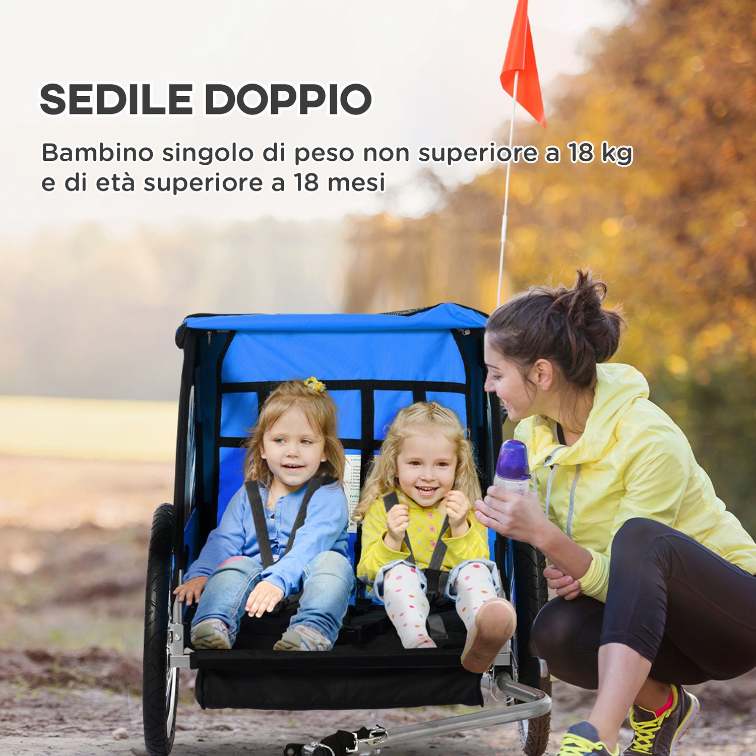Rimorchio bici bambini con 2 posti, 2 cinture di sicurezza, telaio in acciaio e copertura in tessuto oxford blu - 