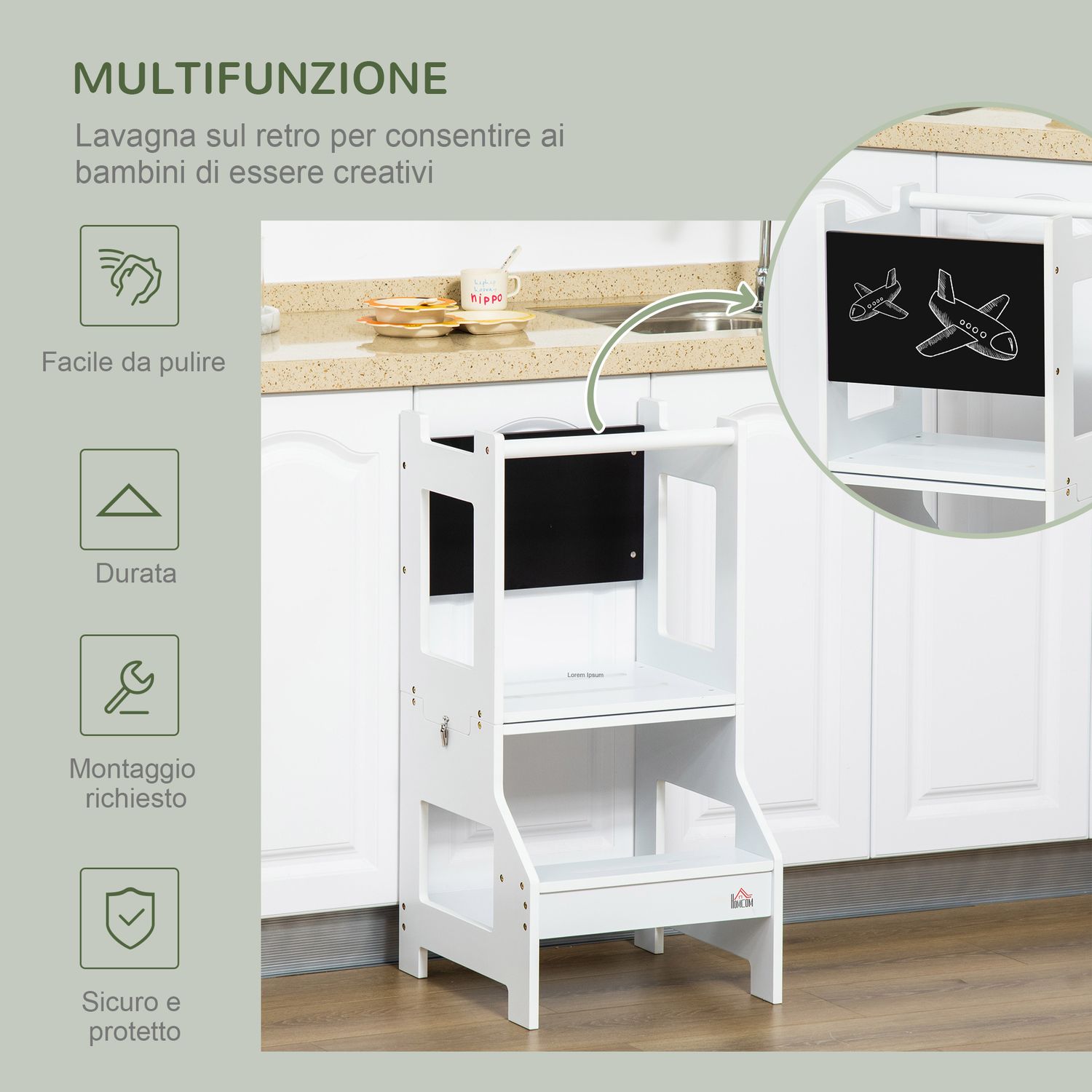 Scala montessori 2 in 1 in mdf staccabile, con sgabello, lavagna inclusi, per bambini 3-6 anni, bianco - 