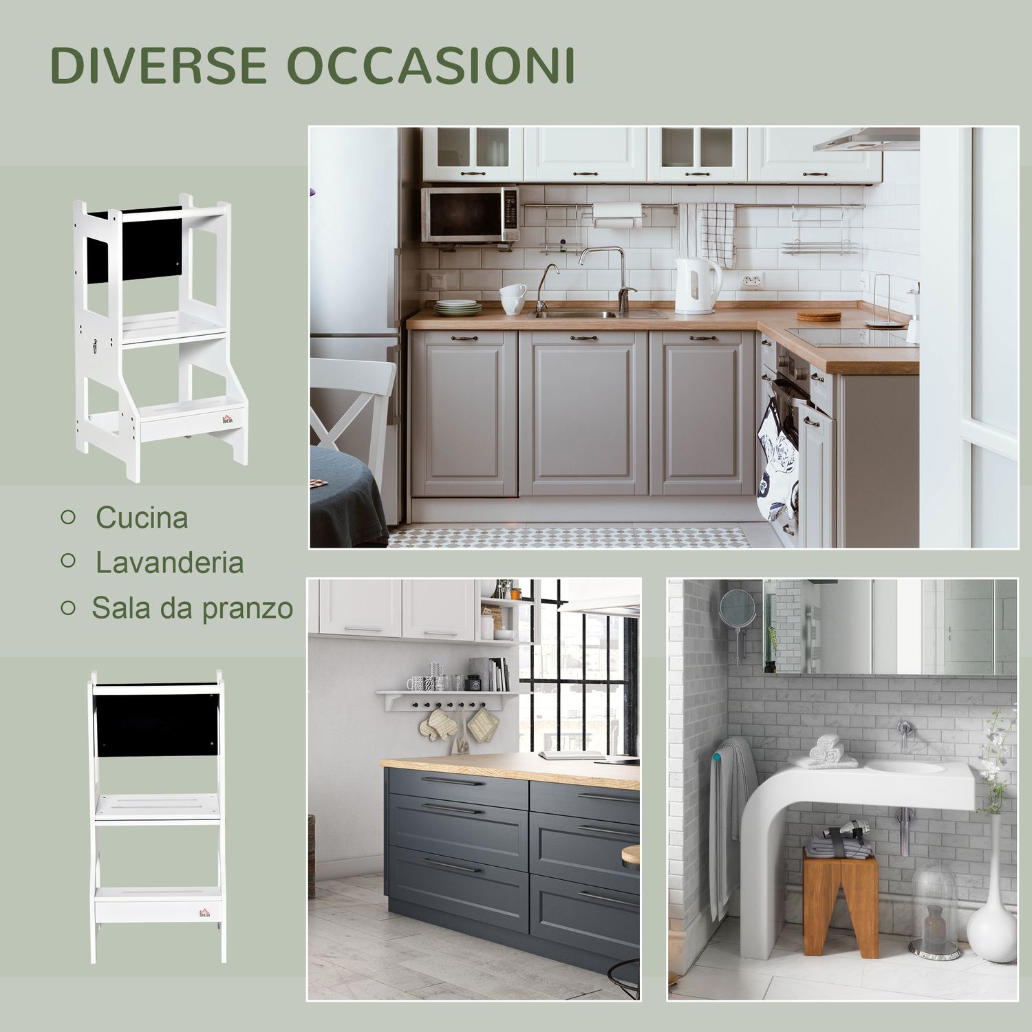 Scala montessori 2 in 1 in mdf staccabile, con sgabello, lavagna inclusi, per bambini 3-6 anni, bianco - 