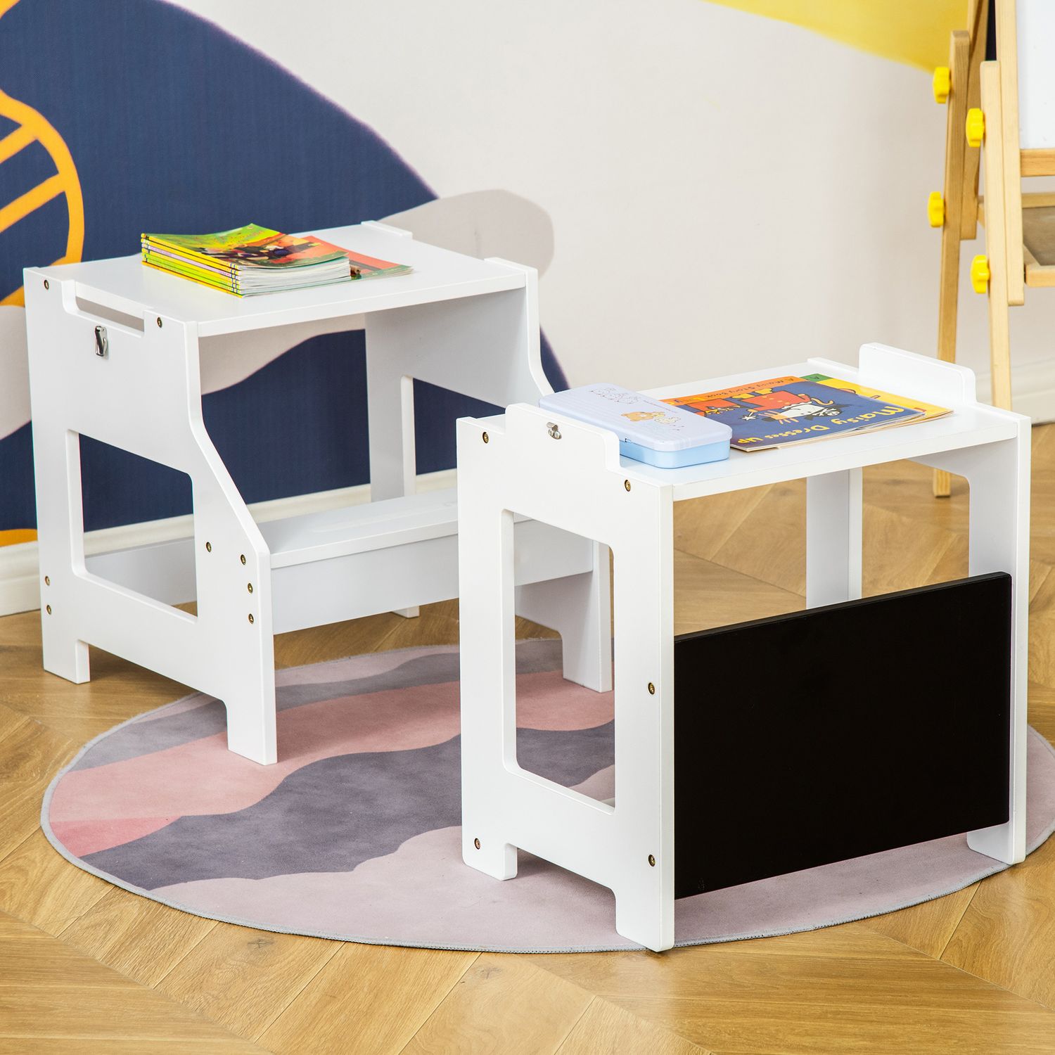 Scala montessori 2 in 1 in mdf staccabile, con sgabello, lavagna inclusi, per bambini 3-6 anni, bianco - 