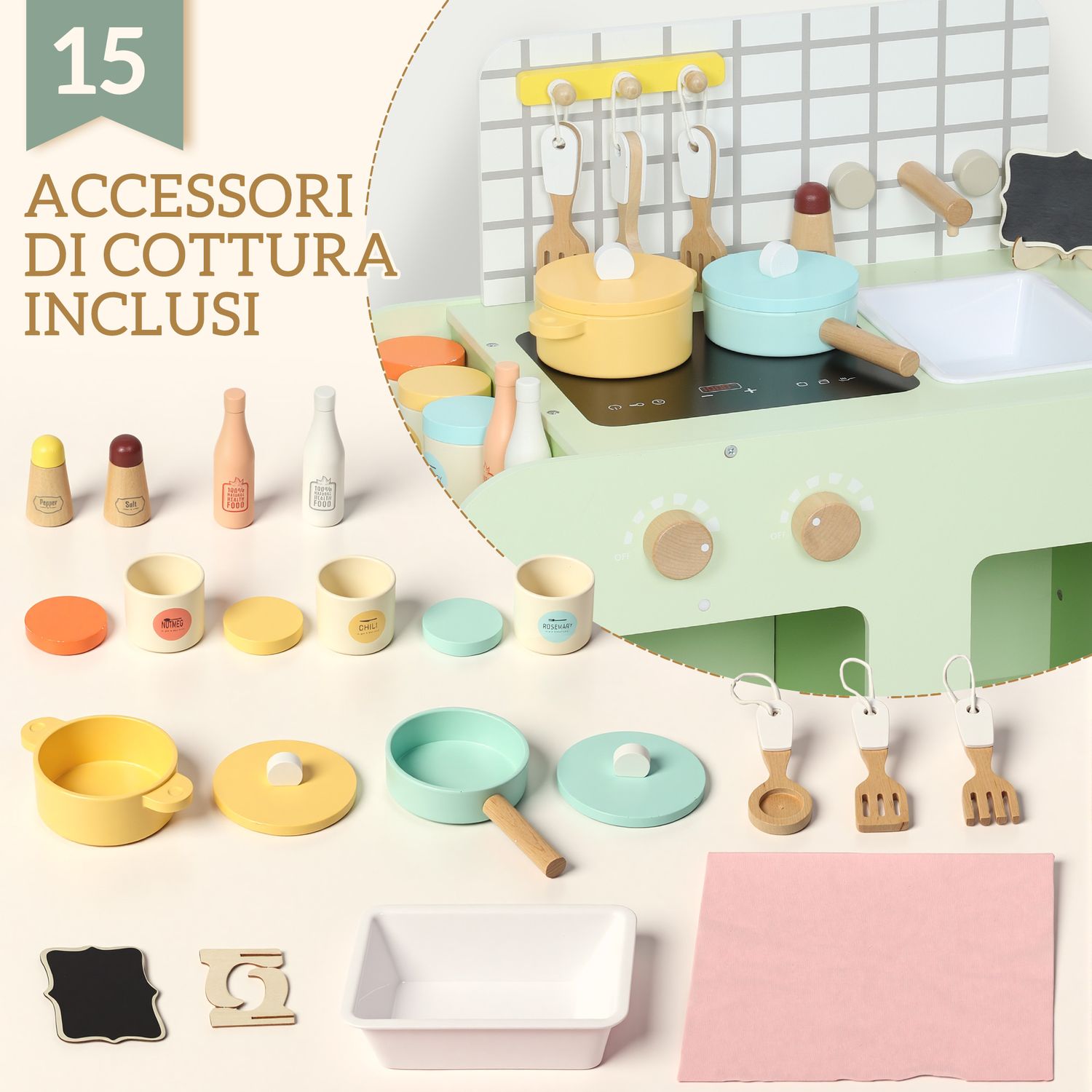 Set cucina giocattolo in legno per bambini da 3+ anni con 15 accessori, verde - 