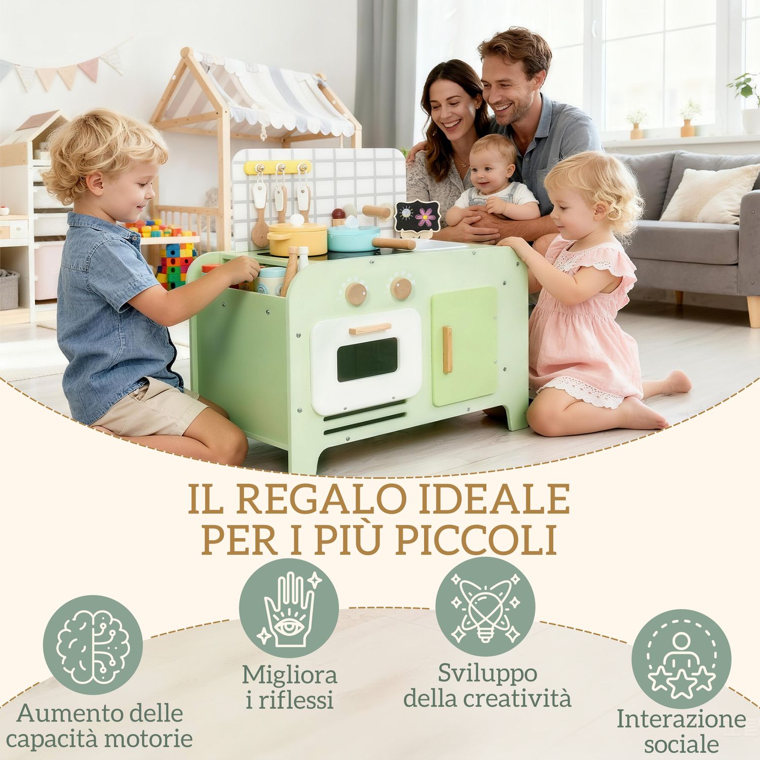 Set cucina giocattolo in legno per bambini da 3+ anni con 15 accessori, verde - 