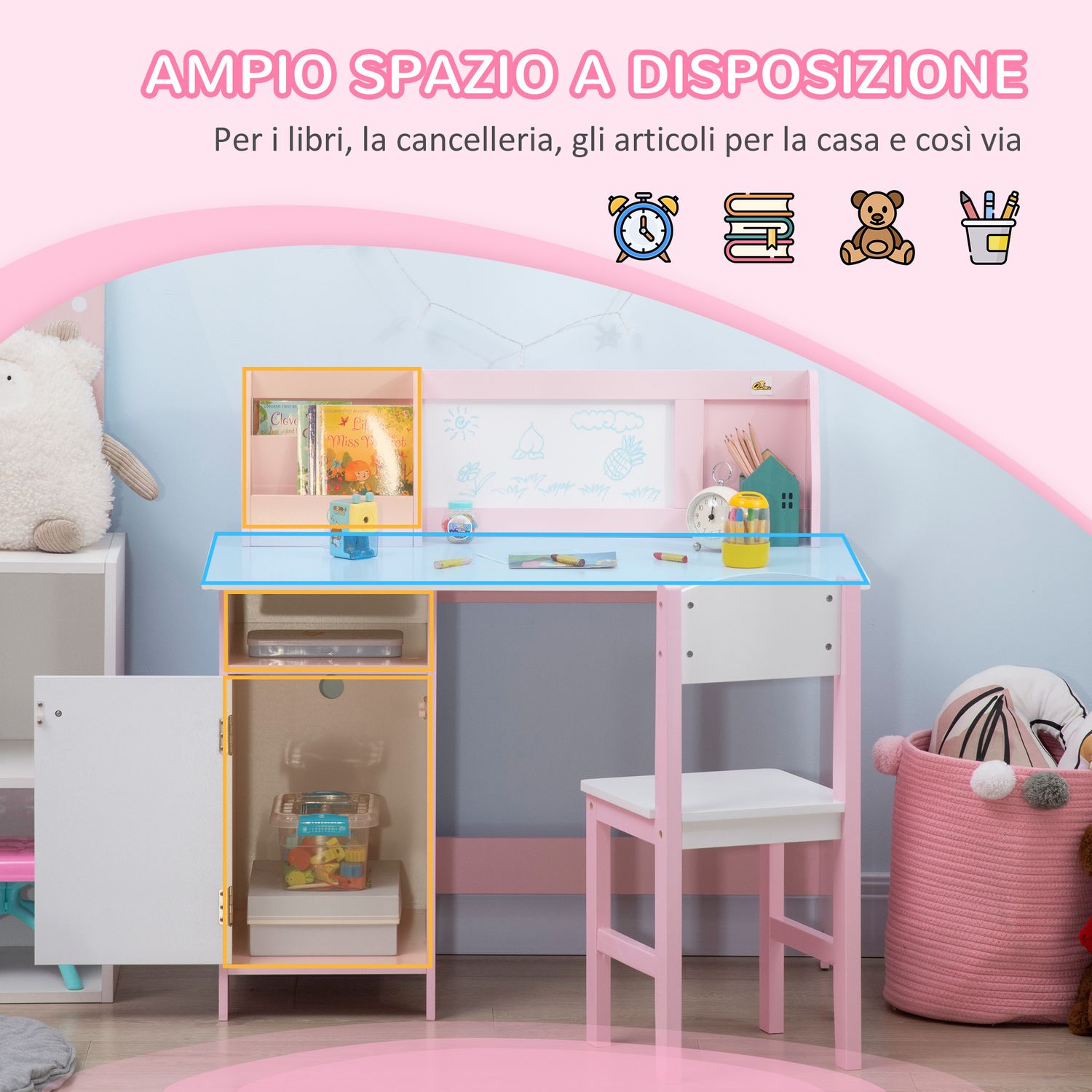 Set tavolo e sedie per bambini 5+ anni in legno con banco scuola e sedia bianco e rosa - 