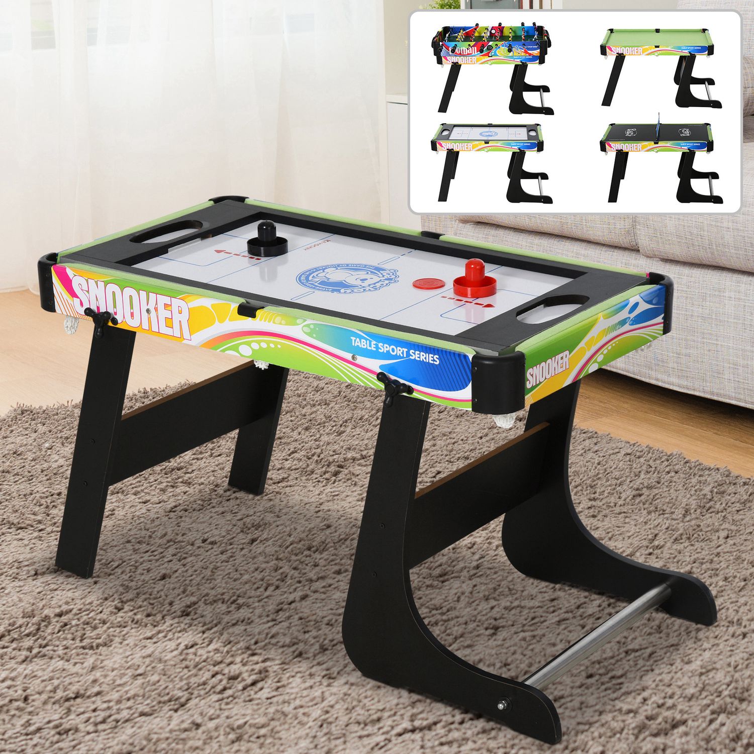 Tavolo da gioco 4 in 1 pieghevole per calcio-balilla, biliardo, air hockey e ping pong, in mdf e plastica - 