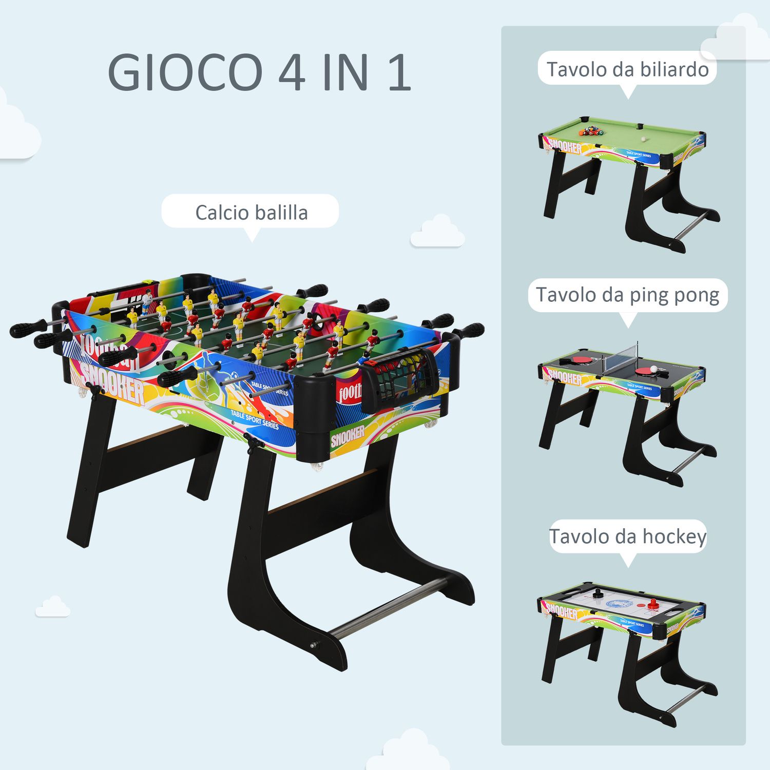 Tavolo da gioco 4 in 1 pieghevole per calcio-balilla, biliardo, air hockey e ping pong, in mdf e plastica - 