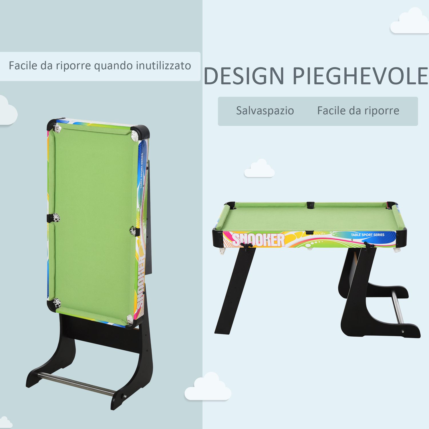 Tavolo da gioco 4 in 1 pieghevole per calcio-balilla, biliardo, air hockey e ping pong, in mdf e plastica - 