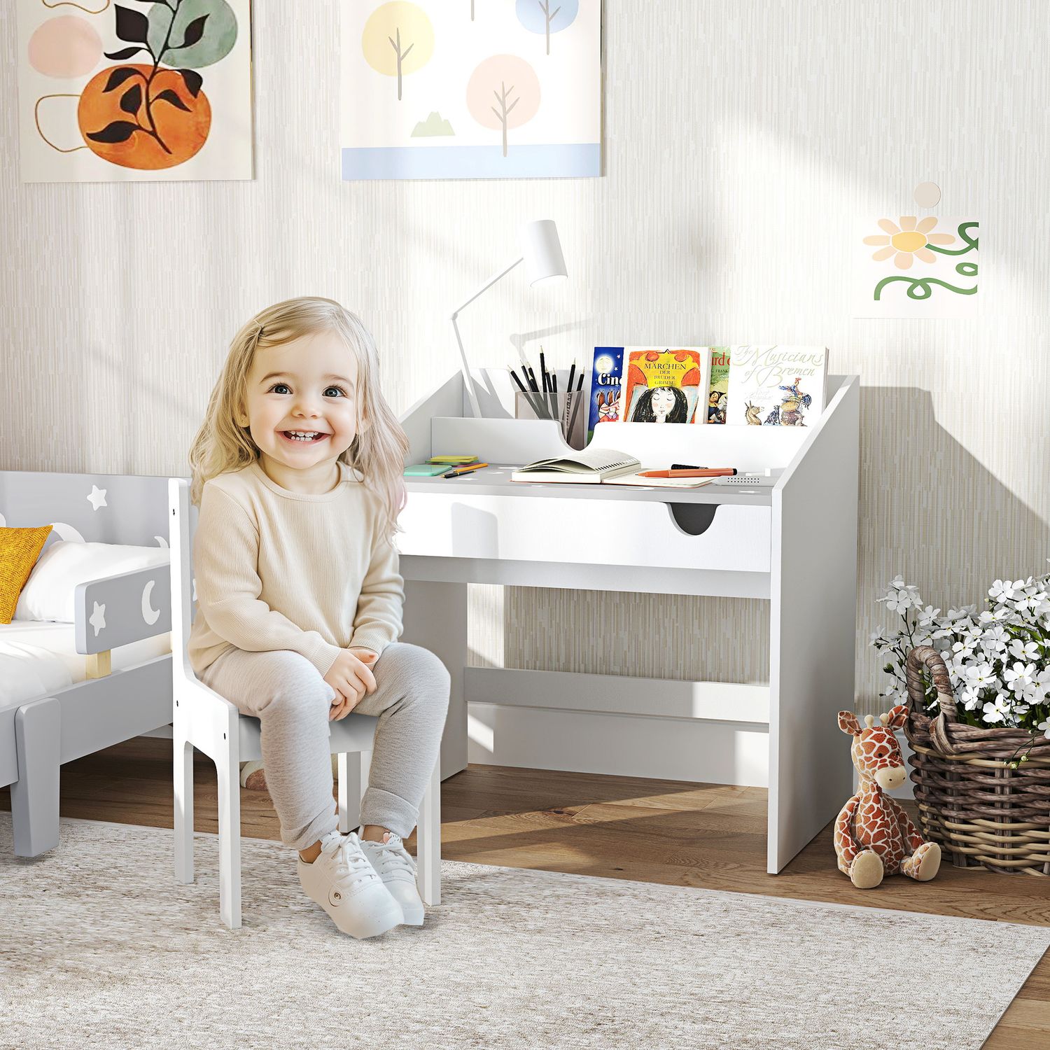 Set sedia e tavolino per bambini 3-6 anni con organizzatore e cassetto estraibile, in legno grigio - 
