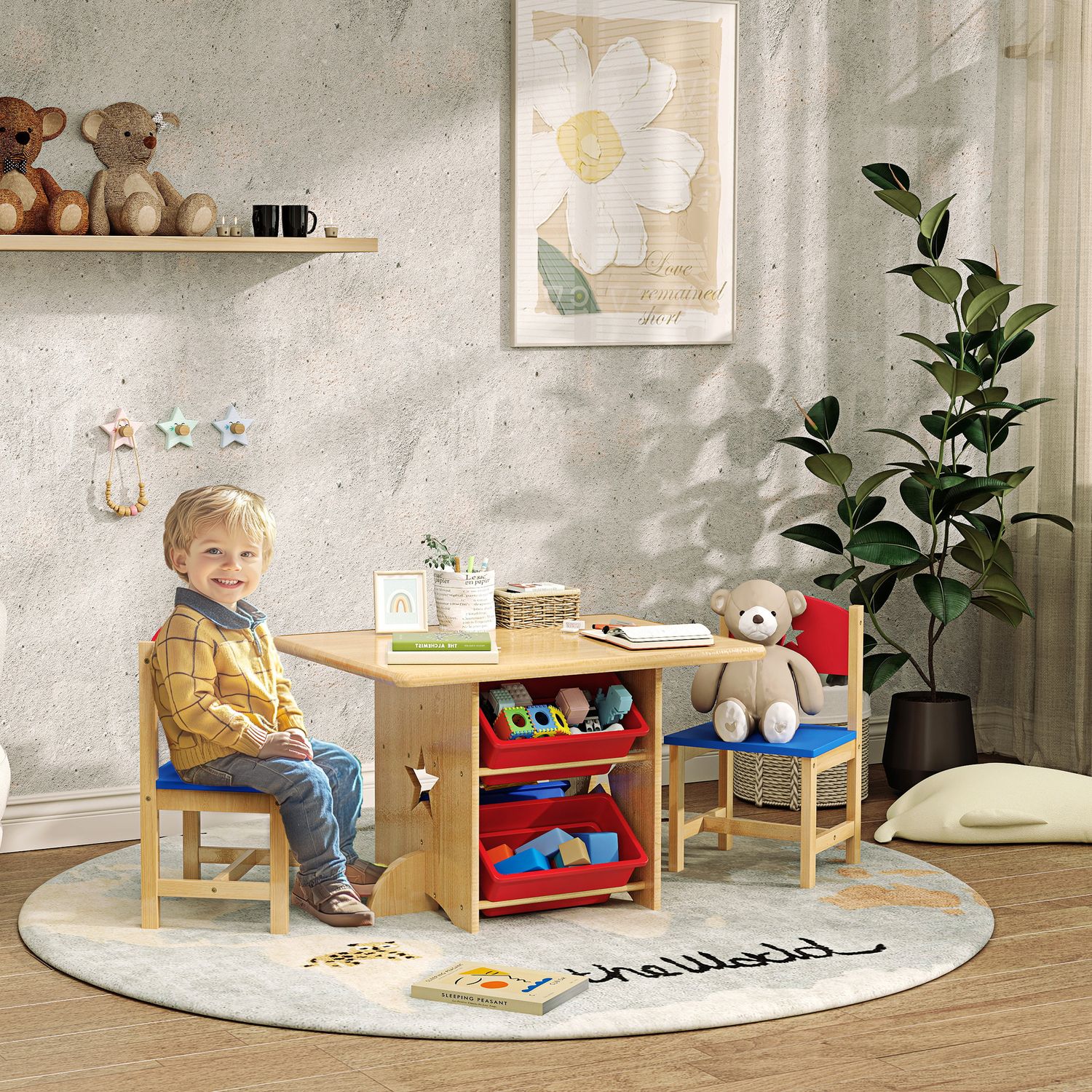 Set tavolo e sedie per bambini 3-7 anni con 2 sedie e tavolo con 4 contenitori, in legno e pp, color legno - 