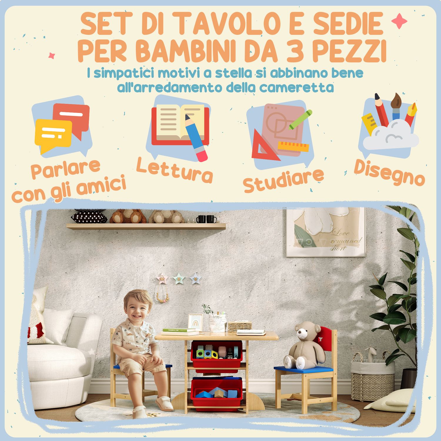 Set tavolo e sedie per bambini 3-7 anni con 2 sedie e tavolo con 4 contenitori, in legno e pp, color legno - 