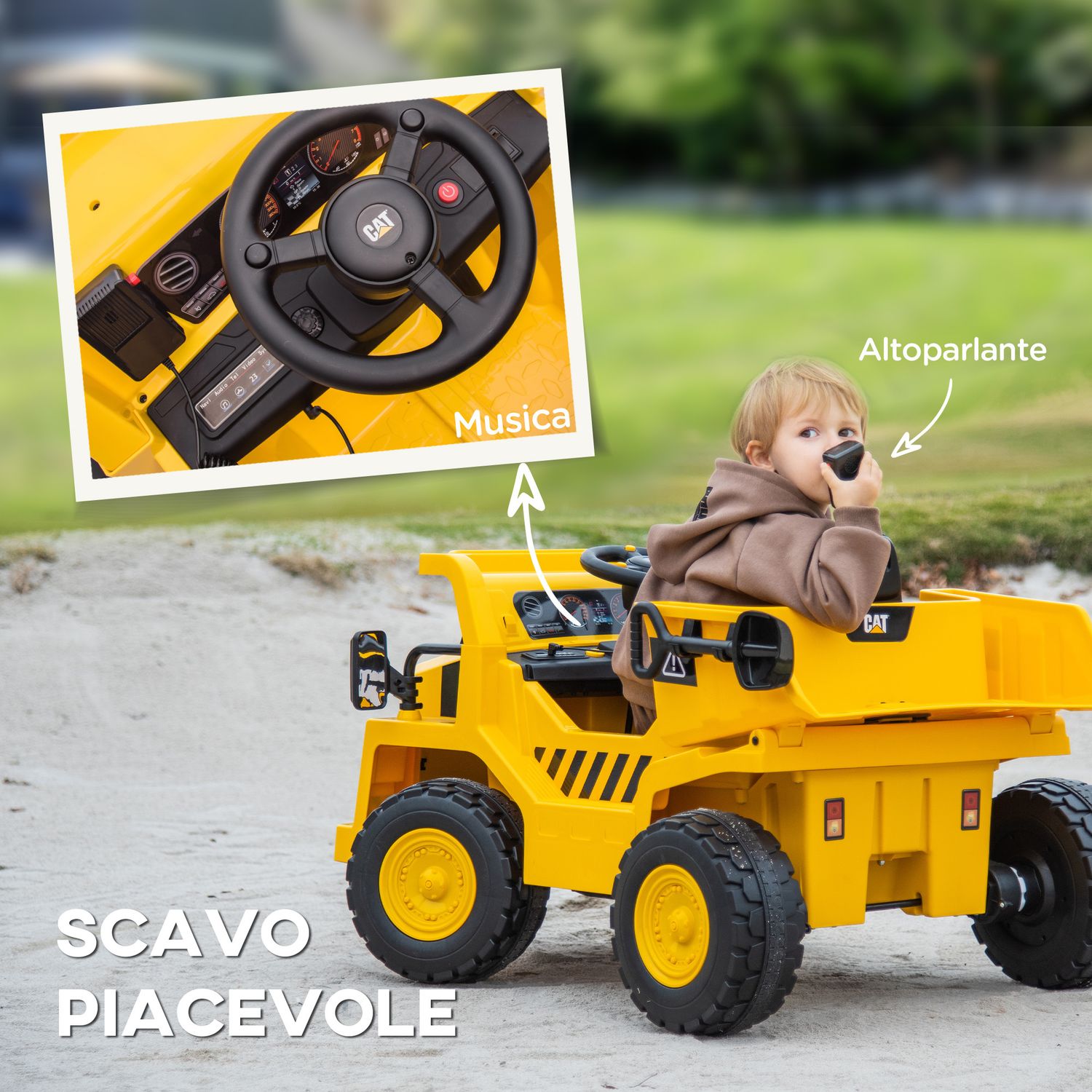 Camion giocattolo licenza caterpillar con telecomando, fari, secchio e pala, 110x70.5x61.5 cm, giallo - 