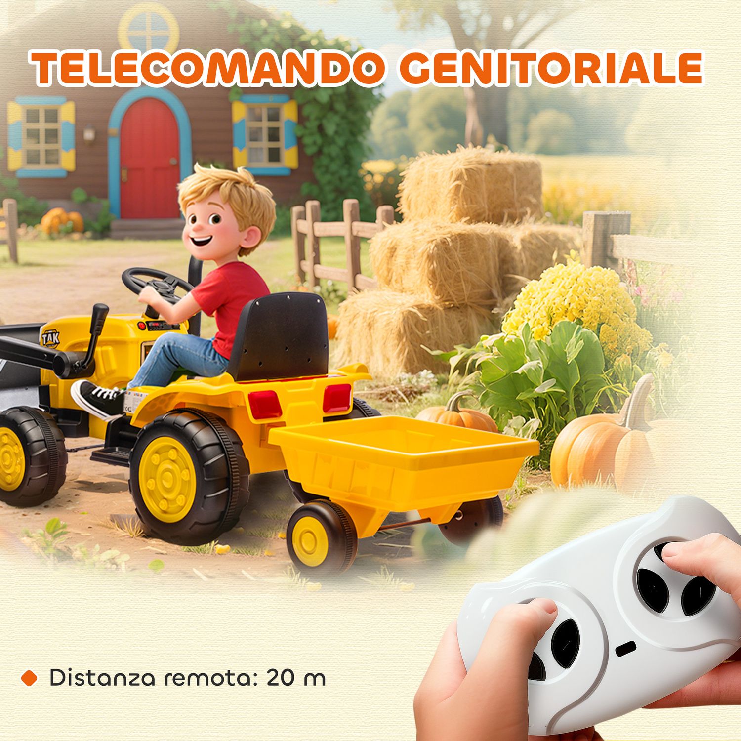 Escavatore per bambini elettrico 12v con benna, rimorchio e telecomando, età 3-8 anni, giallo - 