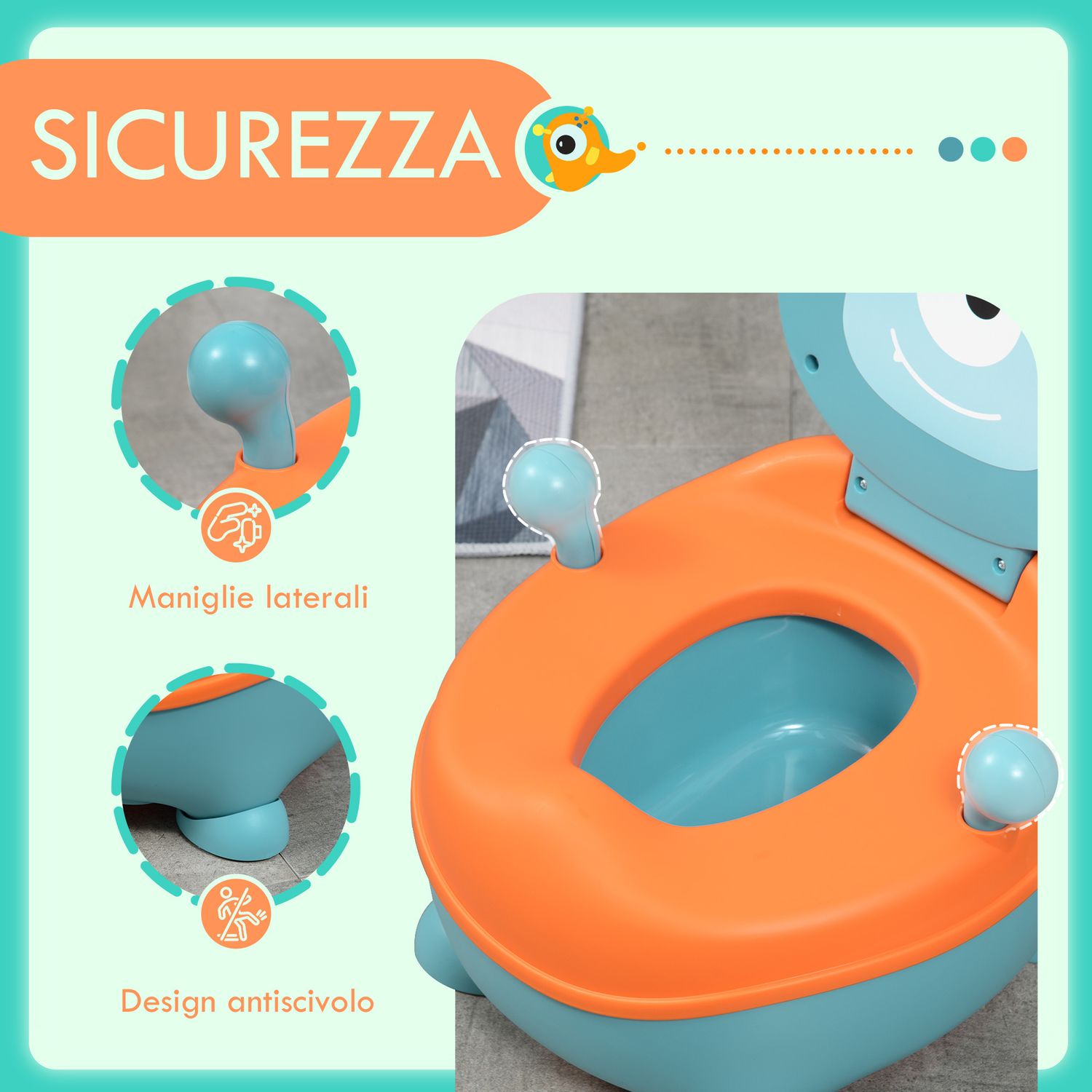 Vasino per bambini da 6 mesi a forma di alieno, seduta ergonomica, schienale e vaschetta rimovibile, blu - 