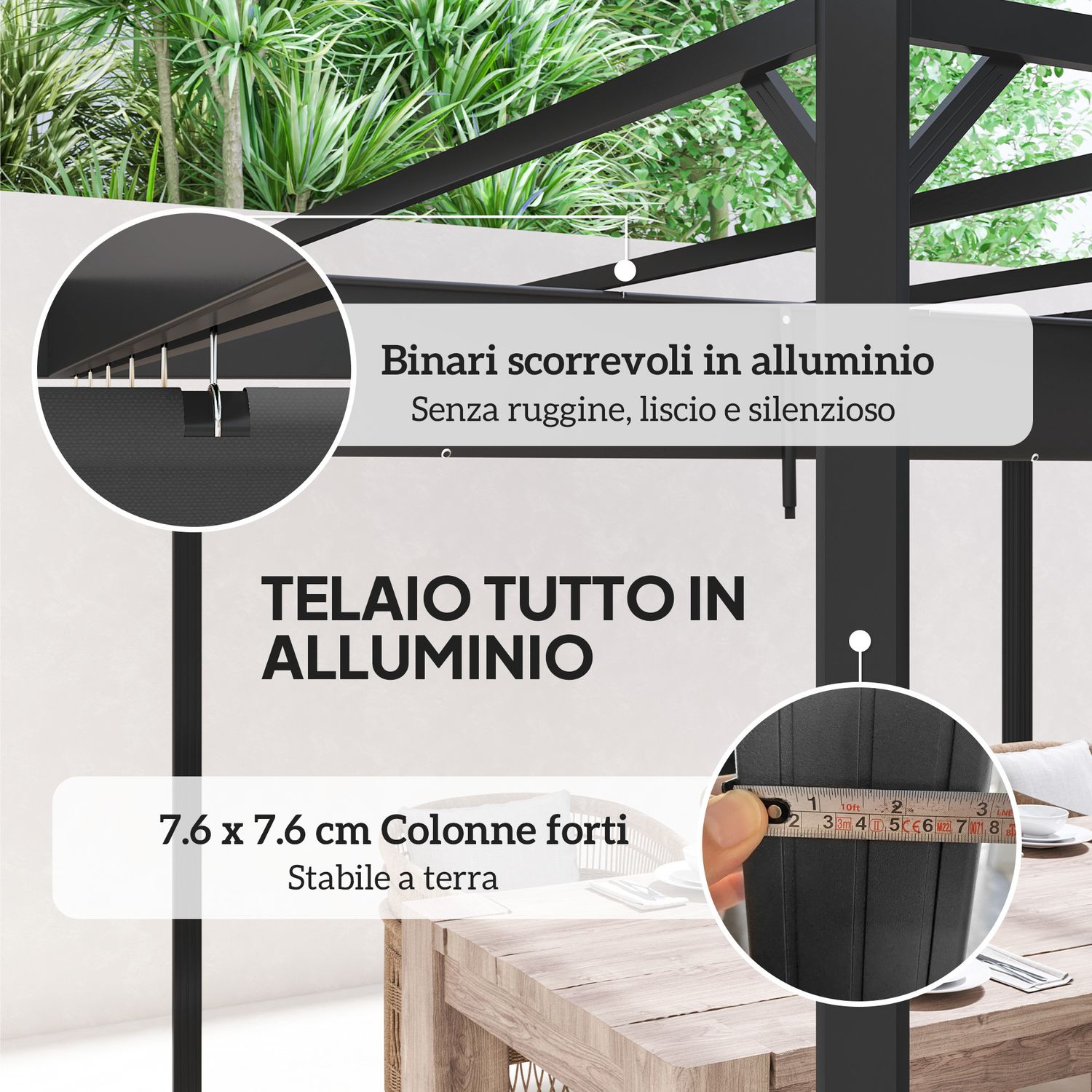 Gazebo pergola retrattile 3x3 m con tenda a rullo e fori di drenaggio, in acciaio e poliestere grigio scuro - 