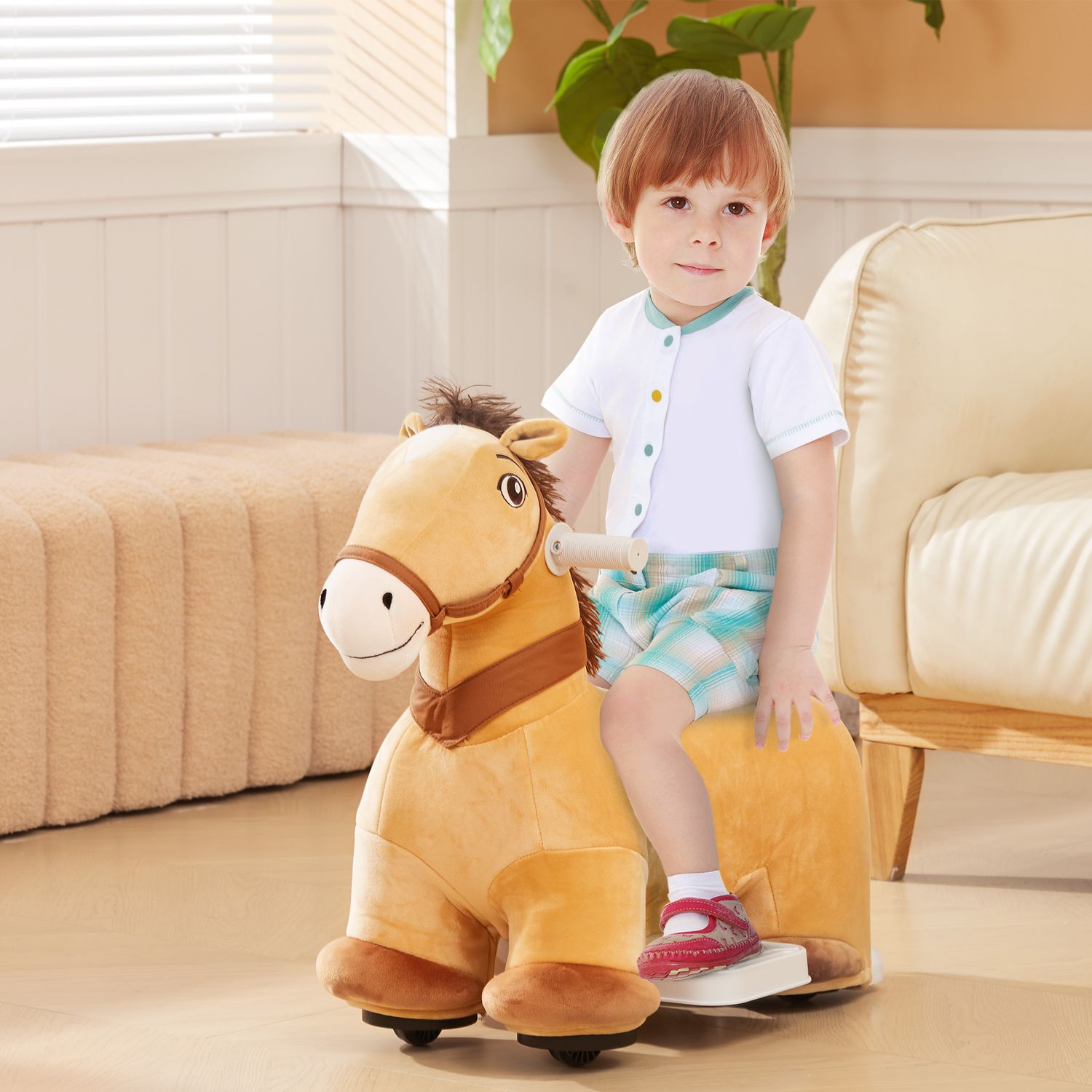 Cavallo cavalcabile elettrico 6v per bambini da 18-36 mesi con ruote in pu e musica, marrone - 