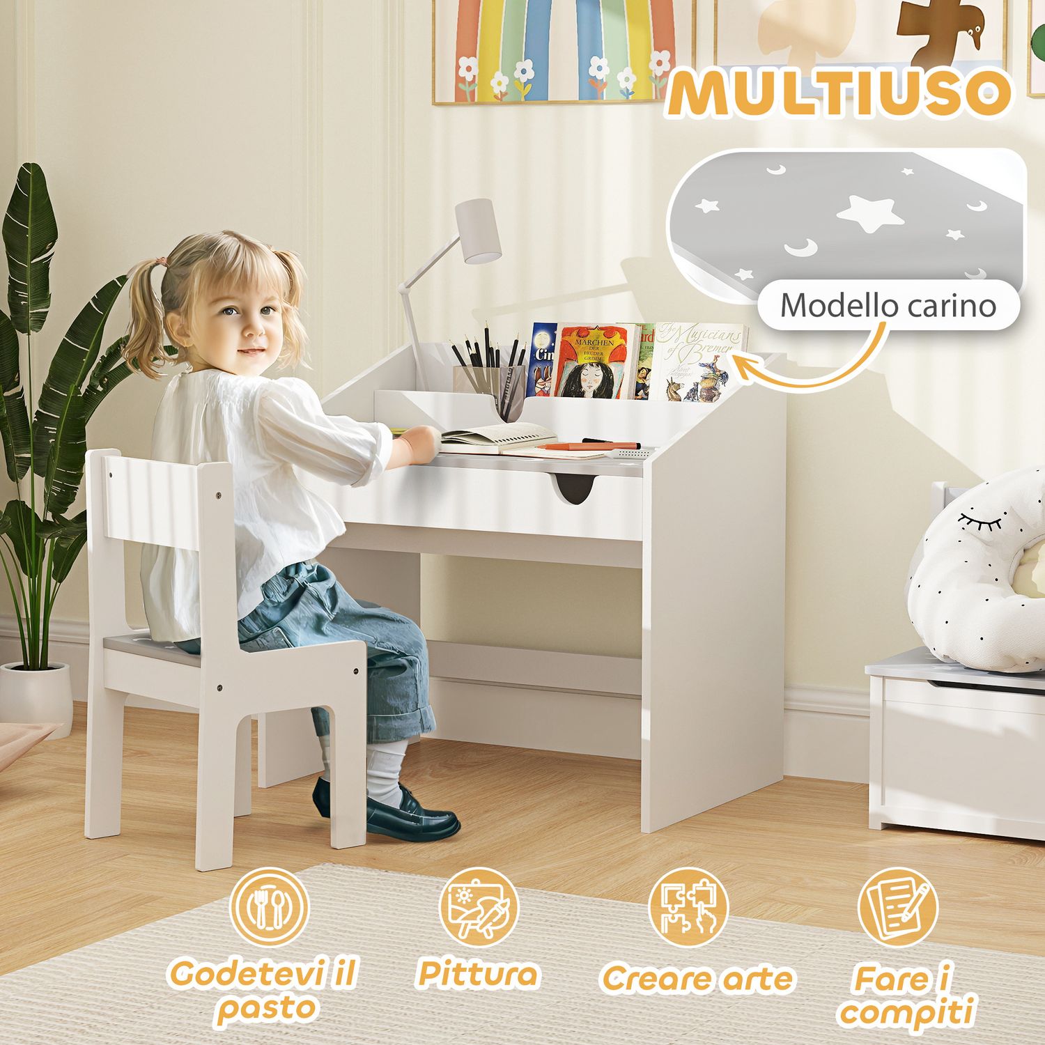 Set sedia e tavolino per bambini 3-6 anni con organizzatore e cassetto estraibile, in legno grigio - 