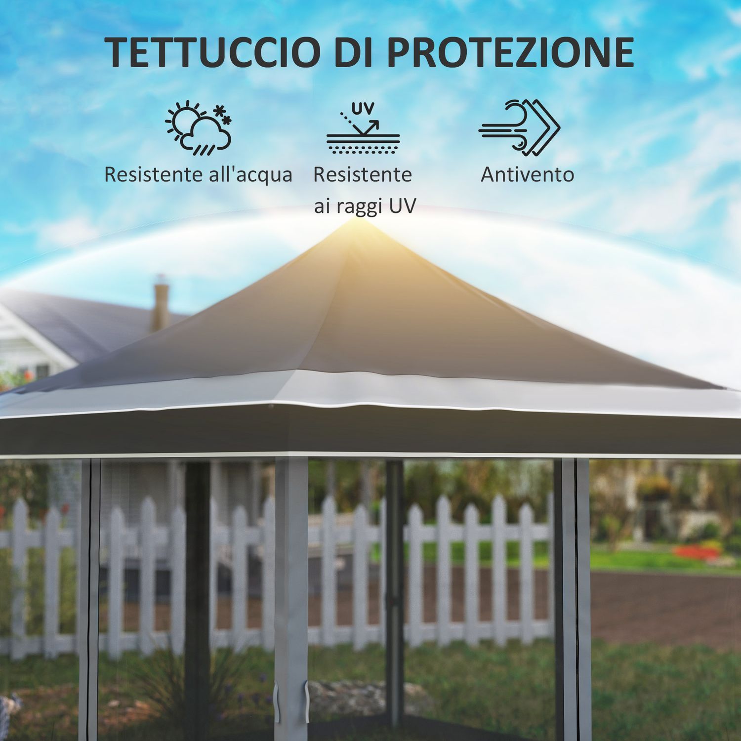Gazebo da giardino ad altezza regolabile con zanzariera, in poliestere e metallo, 357x357x310 cm, grigio scuro - 