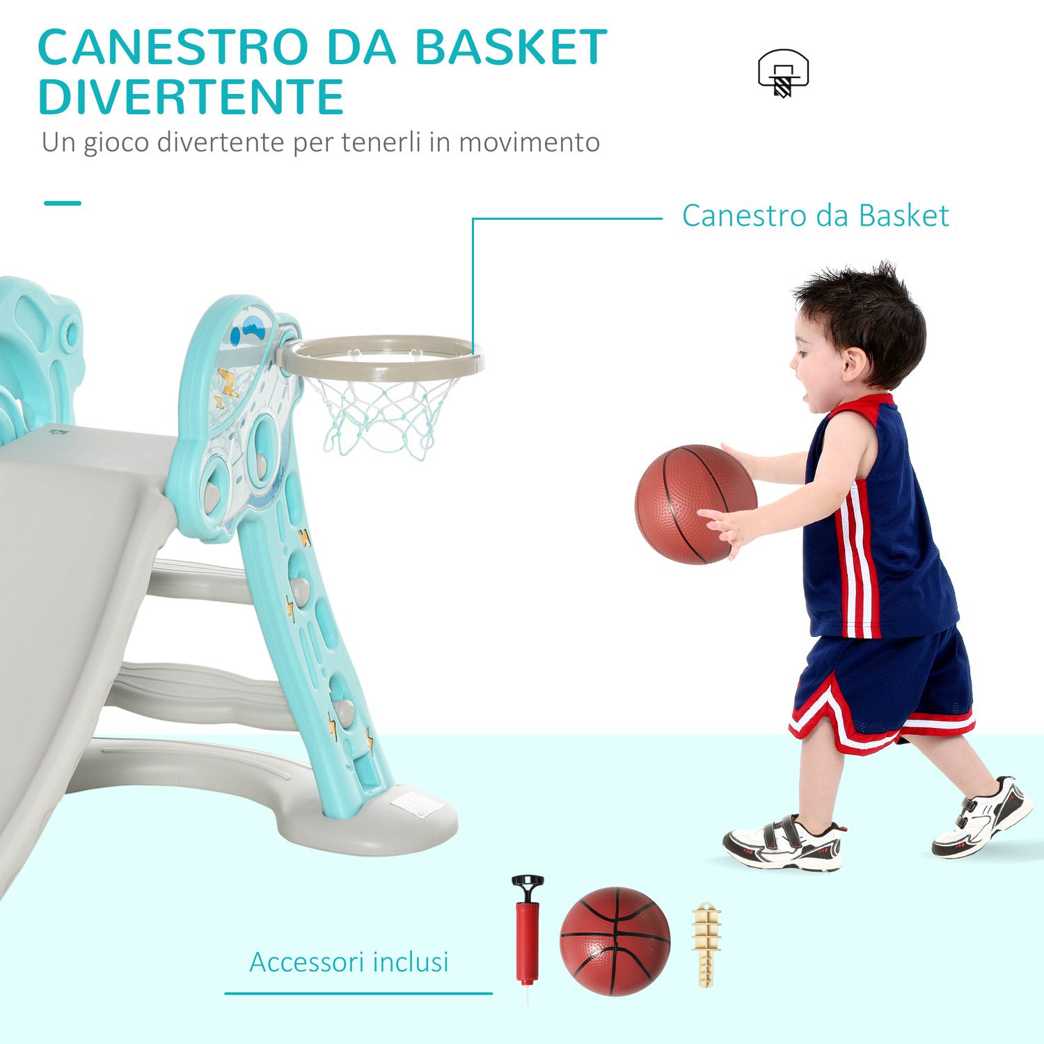 Scivolo per bambini da 18 mesi pieghevole con 3 scalini e canestro basket, 140x87x75cm, blu e grigio - 