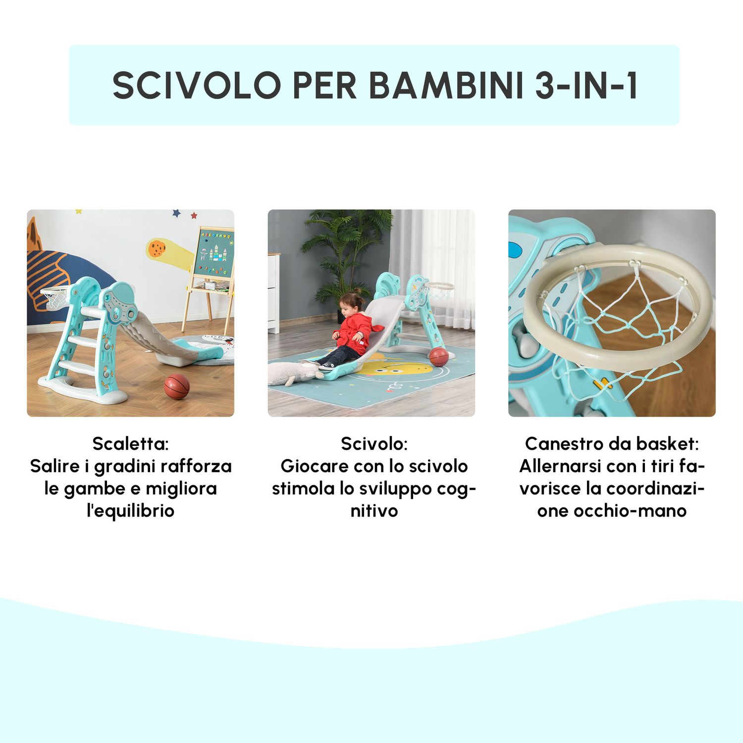 Scivolo per bambini da 18 mesi pieghevole con 3 scalini e canestro basket, 140x87x75cm, blu e grigio - 