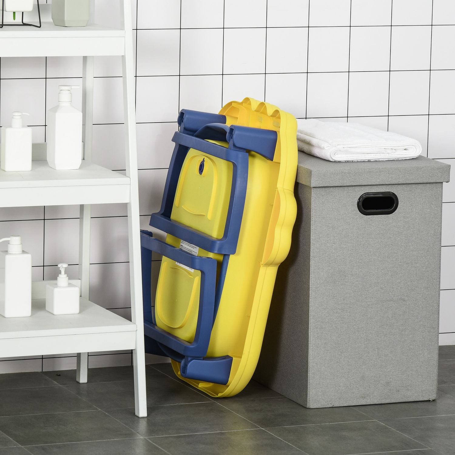 Vaschetta bagnetto neonato pieghevole con supporto antiscivolo per neonati e bambini di 0-6 anni con foro di scarico, 75.3x55.4x43cm, blu e giallo - 