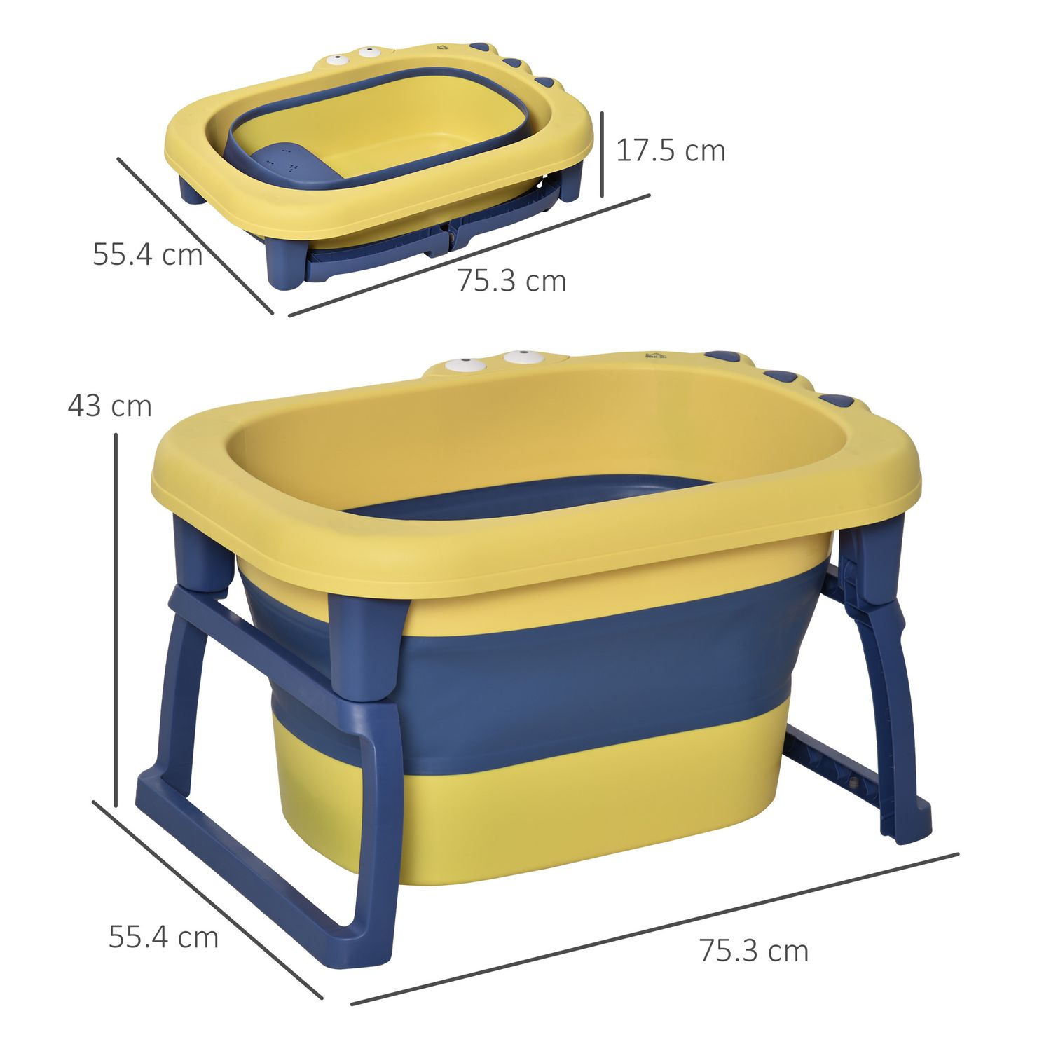 Vaschetta bagnetto neonato pieghevole con supporto antiscivolo per neonati e bambini di 0-6 anni con foro di scarico, 75.3x55.4x43cm, blu e giallo - 