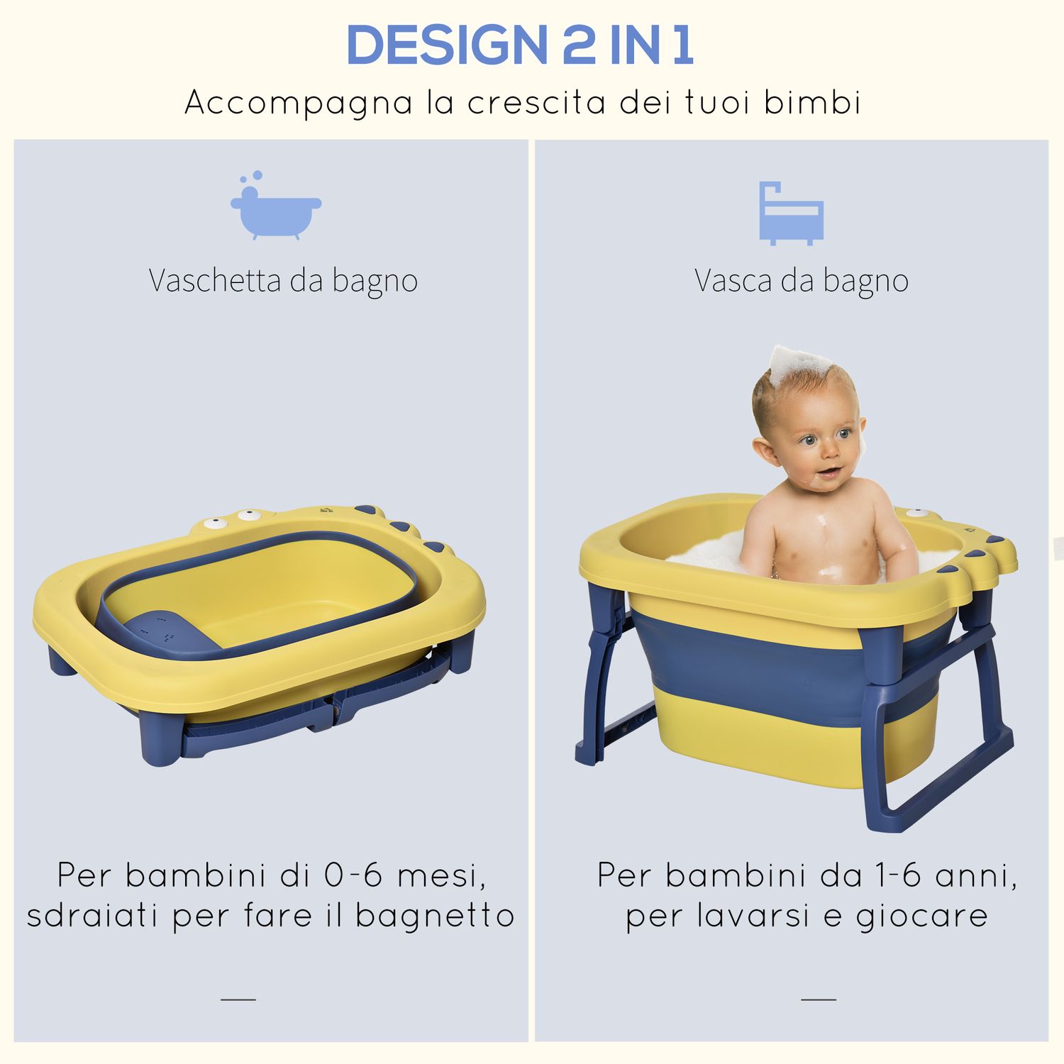 Vaschetta bagnetto neonato pieghevole con supporto antiscivolo per neonati e bambini di 0-6 anni con foro di scarico, 75.3x55.4x43cm, blu e giallo - 